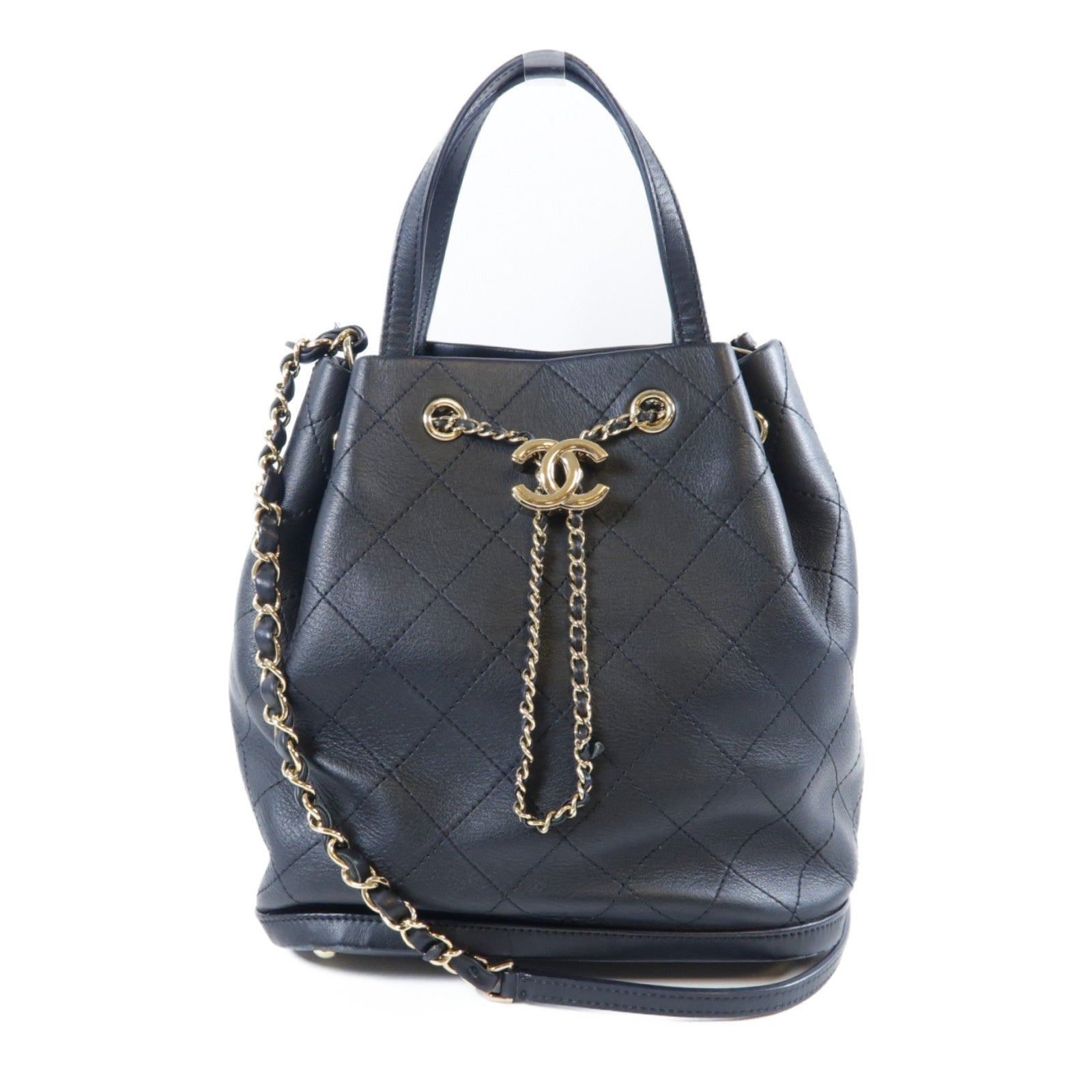 CHANEL 菱格牛皮皮革Chain Shoulder Bag金扣手挽肩背兩用袋黑色
