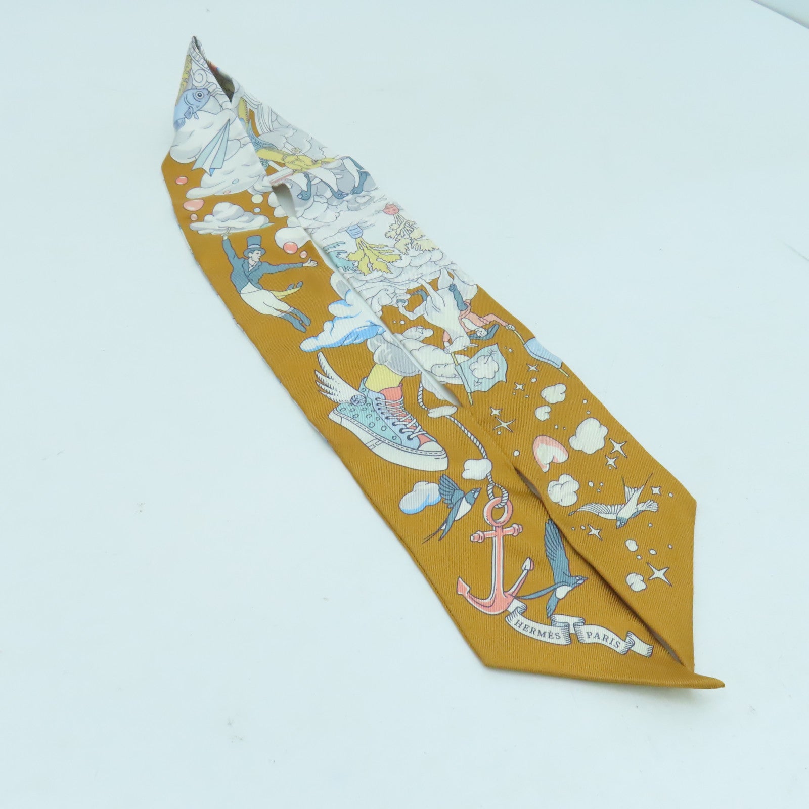 HERMES 絲質Twilly絲巾灰色/啡色