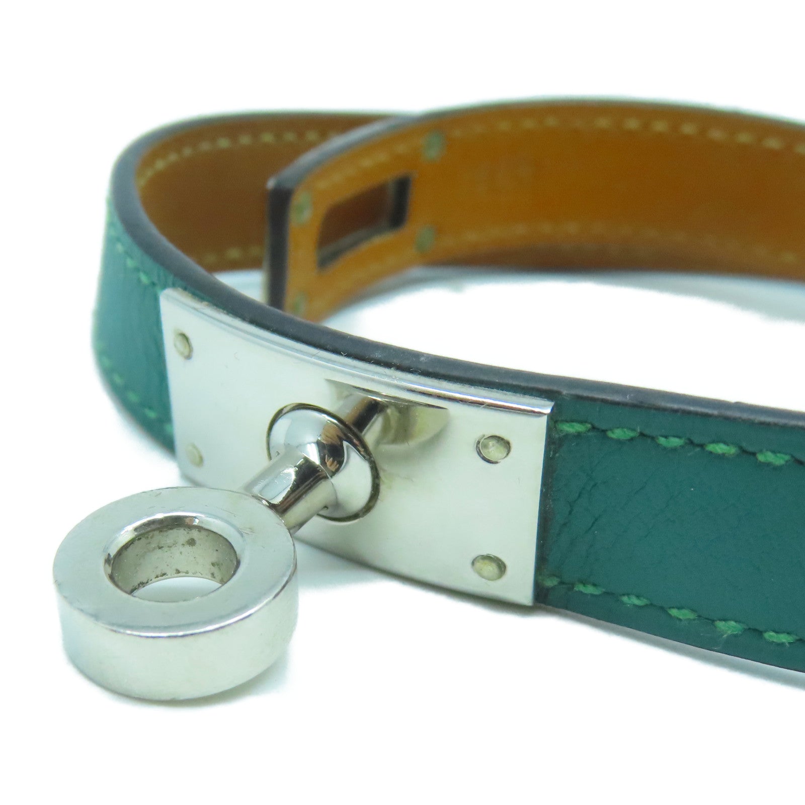 HERMES Swift皮革Kelly Double Tour銀扣手環綠色