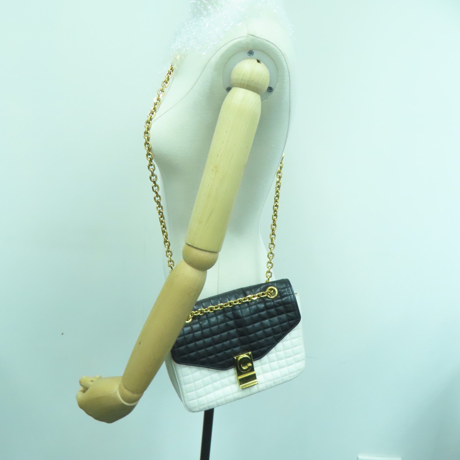 CELINE 羊皮皮革Chain Shoulder Bag金扣链带肩背袋白色黑色