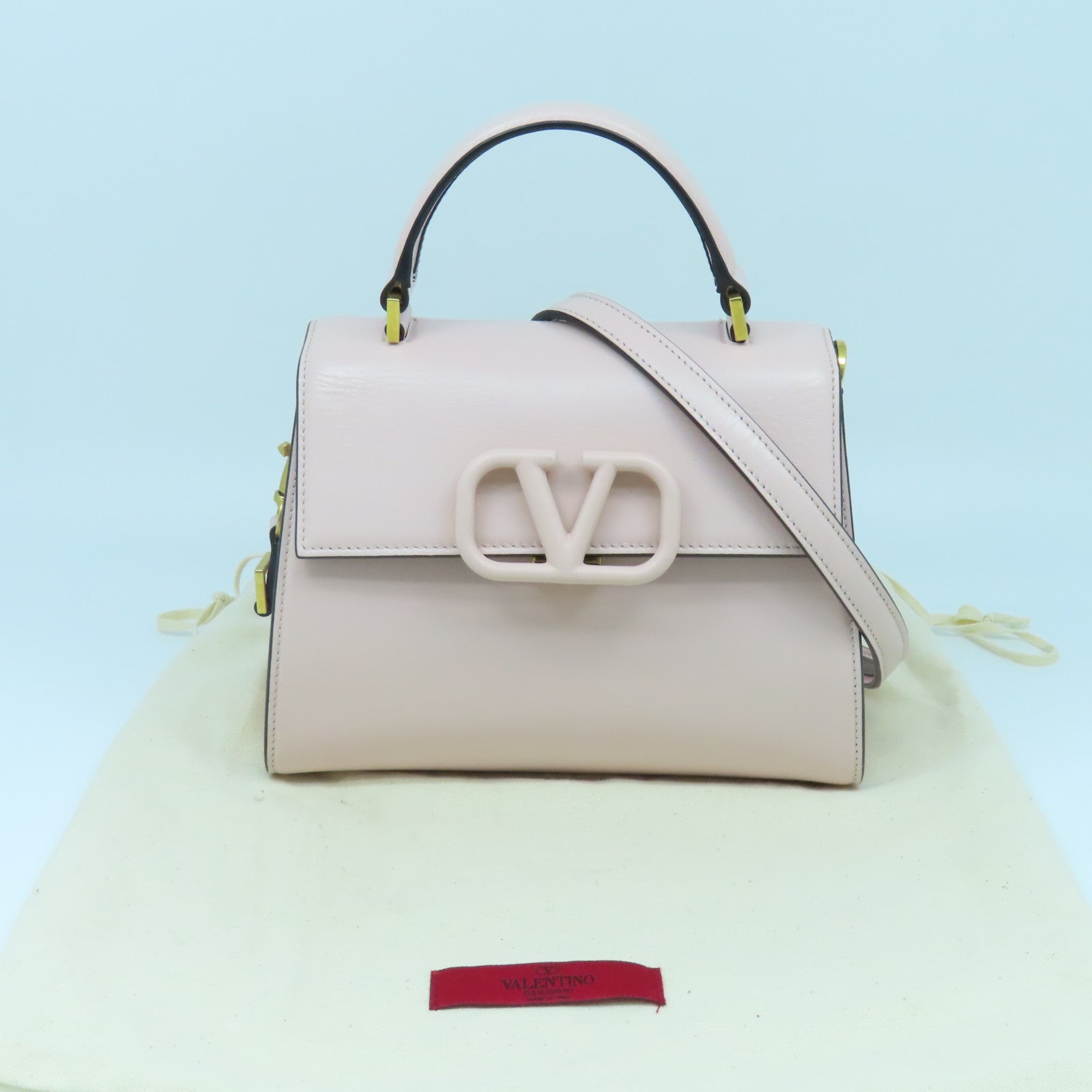 Valentino 【激減優惠】牛皮皮革Vsling Grainy Bag金扣手挽肩背兩用袋粉紅色