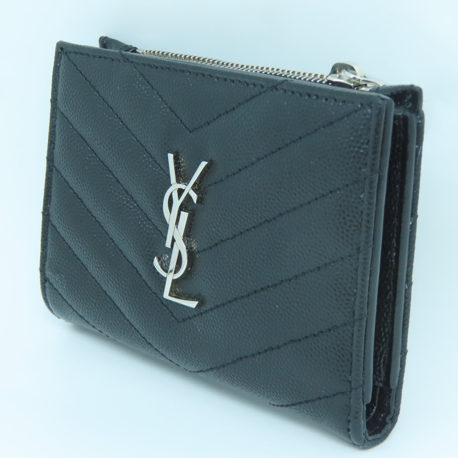 YVES SAINT LAURENT 牛皮皮革Wallet銀扣錢包黑色