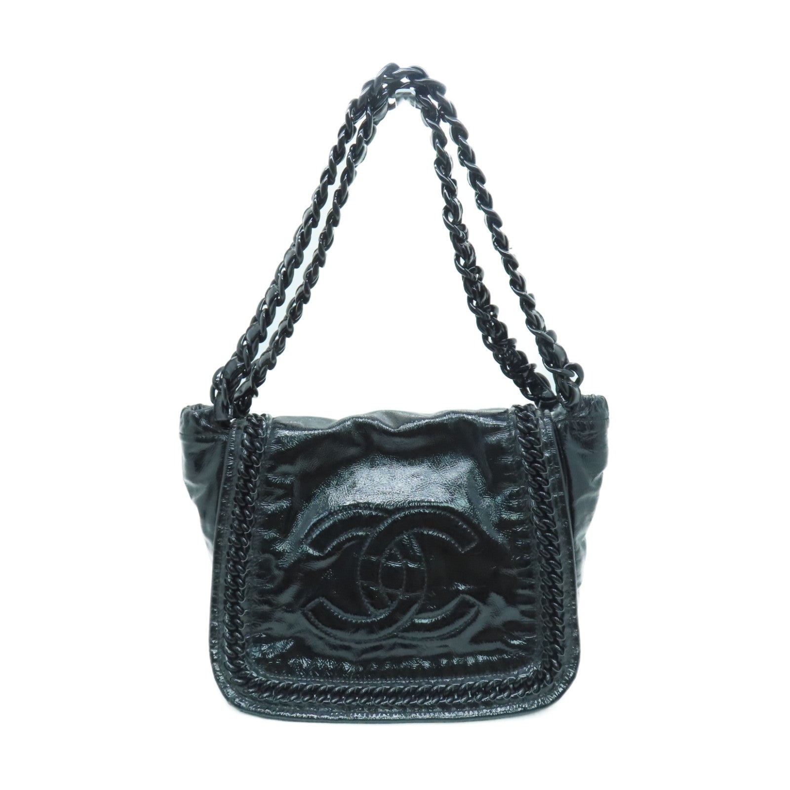 CHANEL 【激減優惠】漆皮皮革Chain Shoulder銀扣鏈帶肩背袋黑色