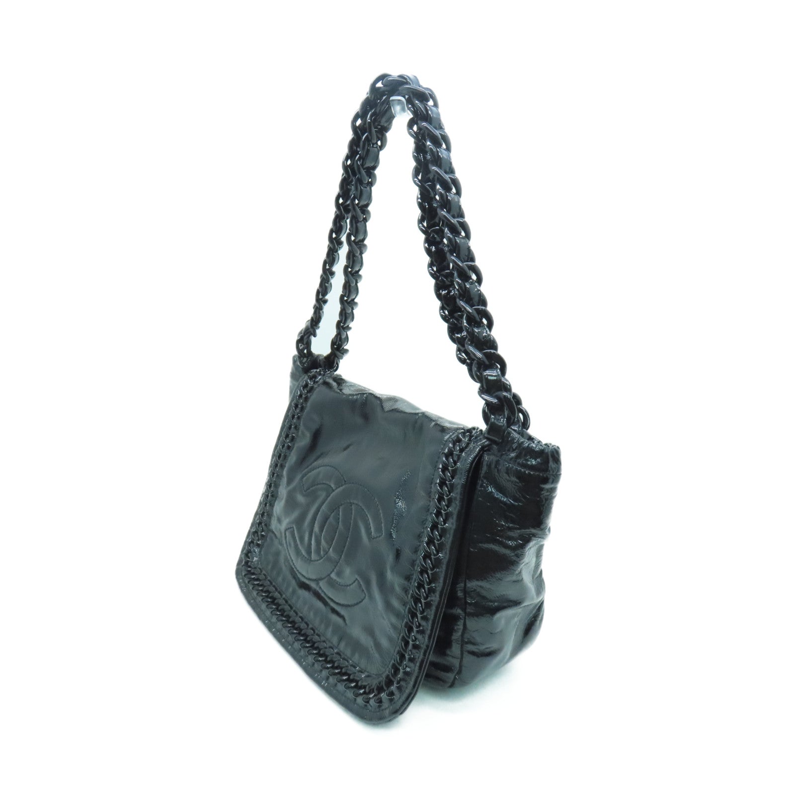 CHANEL 【激減優惠】漆皮皮革Chain Shoulder銀扣鏈帶肩背袋黑色