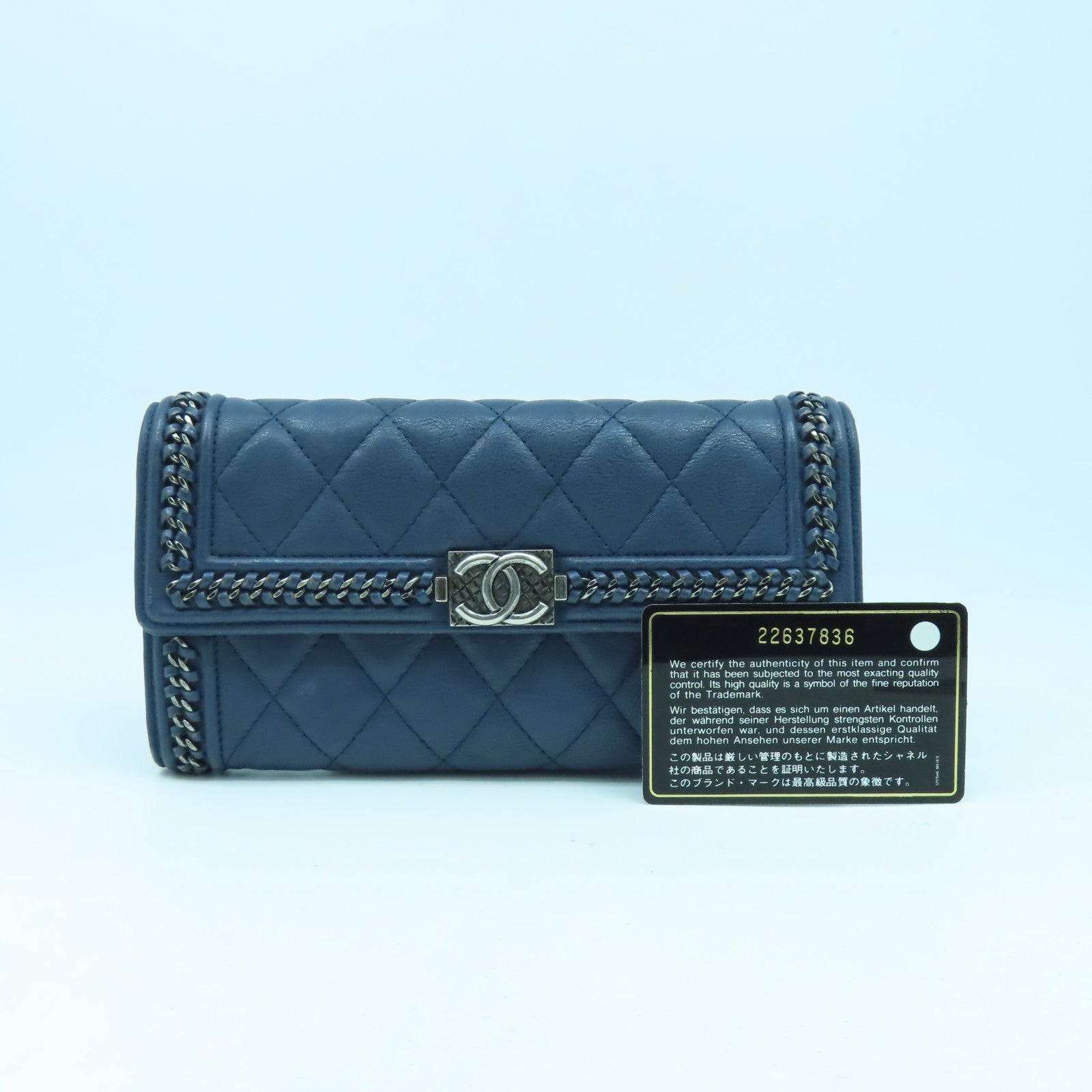 CHANEL 菱格牛皮皮革Boy Long Wallet銀扣長錢包藍色