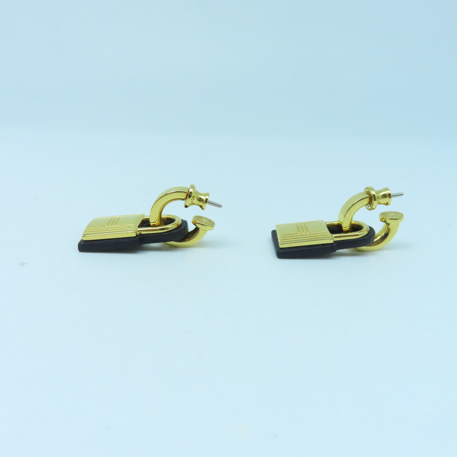 HERMES 金屬/皮革O`Kelly Earrings耳環金色/黑色