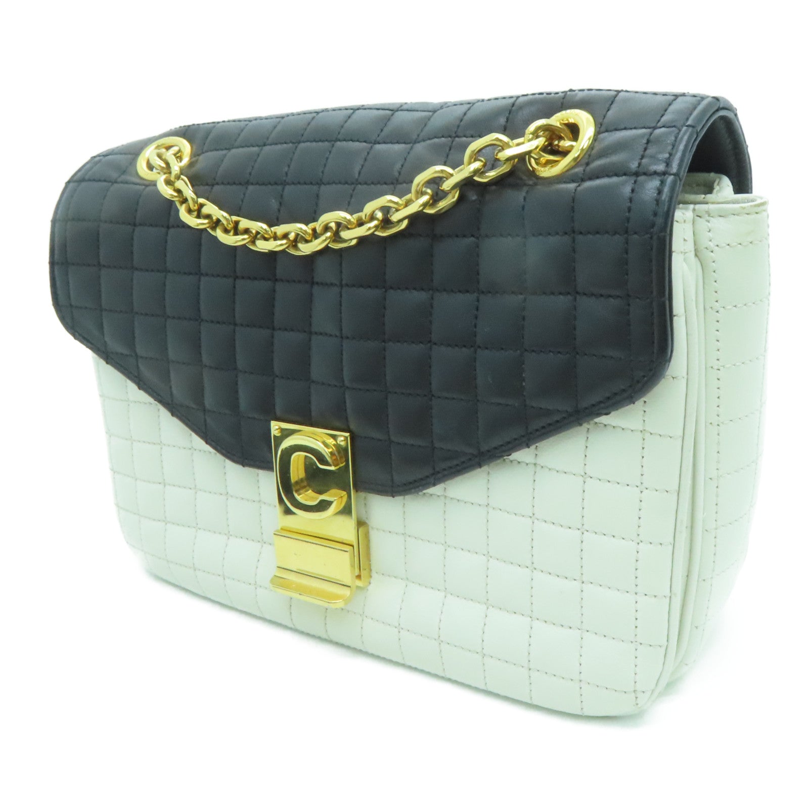 CELINE 羊皮皮革Chain Shoulder Bag金扣链带肩背袋白色黑色