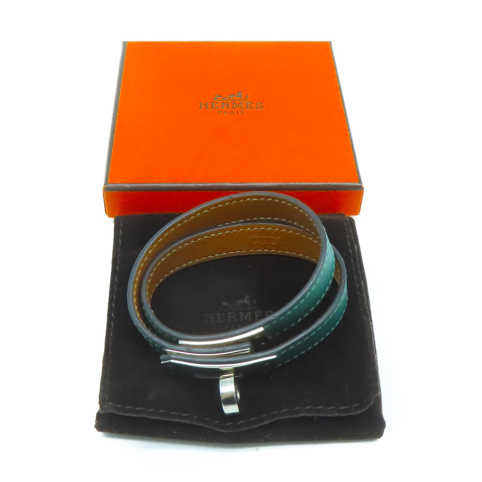 HERMES Swift皮革Kelly Double Tour銀扣手環綠色