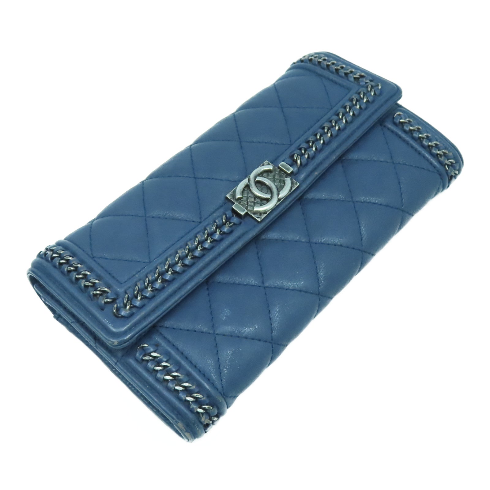 CHANEL 菱格牛皮皮革Boy Long Wallet銀扣長錢包藍色