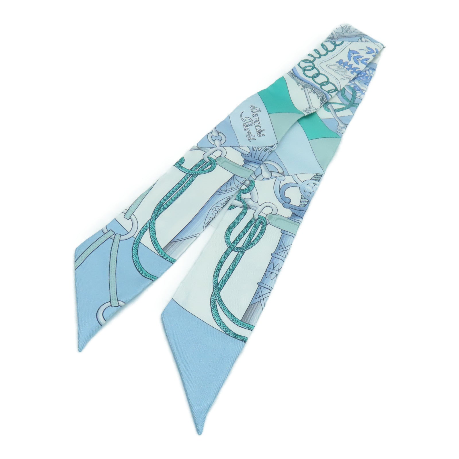 HERMES 【激減優惠】絲質Twilly絲巾藍色/綠色
