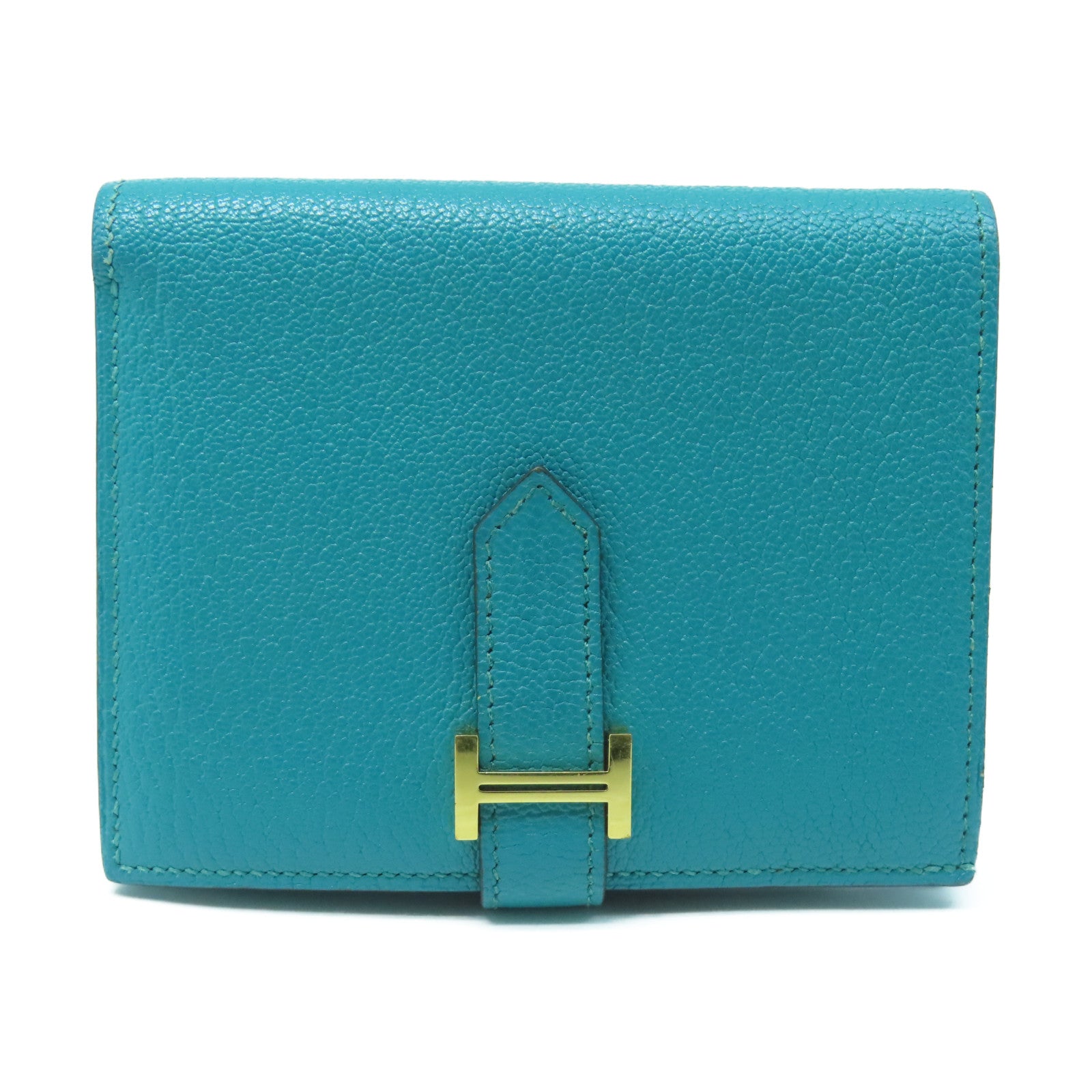 HERMES Chevre Leather Bearn Wallet Gold Buckle Wallet Peacock Blue