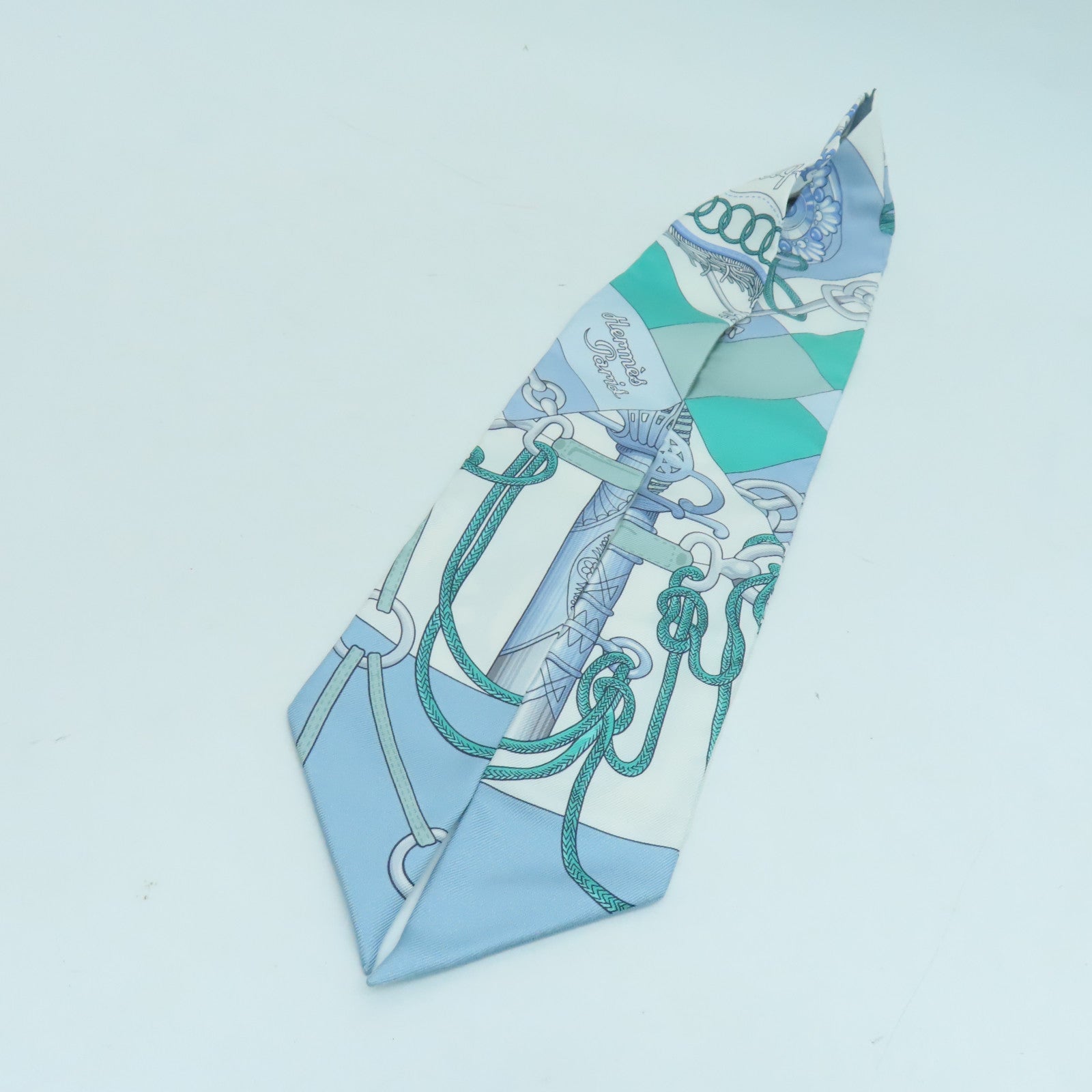 HERMES 【激減優惠】絲質Twilly絲巾藍色/綠色