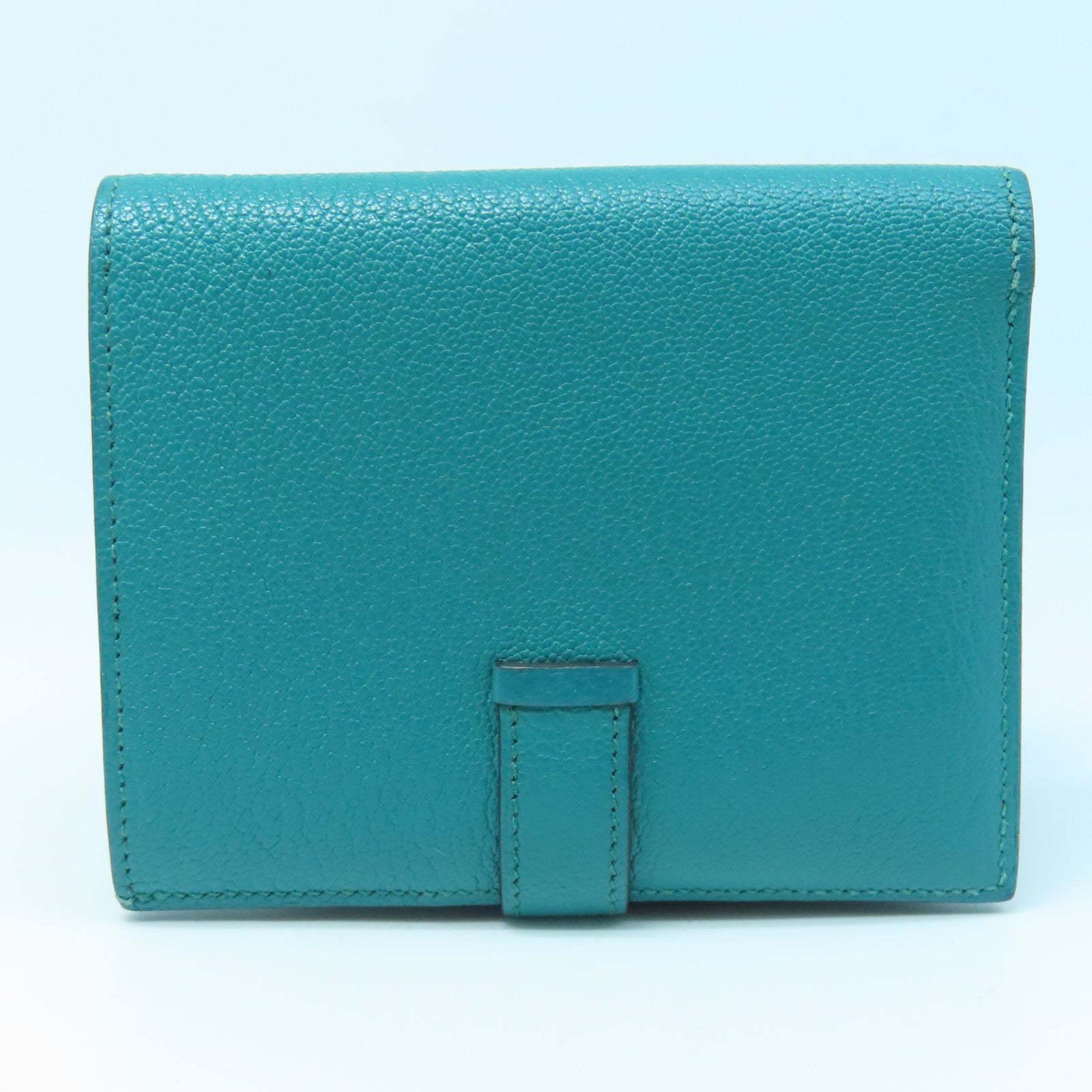 HERMES Chevre Leather Bearn Wallet Gold Buckle Wallet Peacock Blue