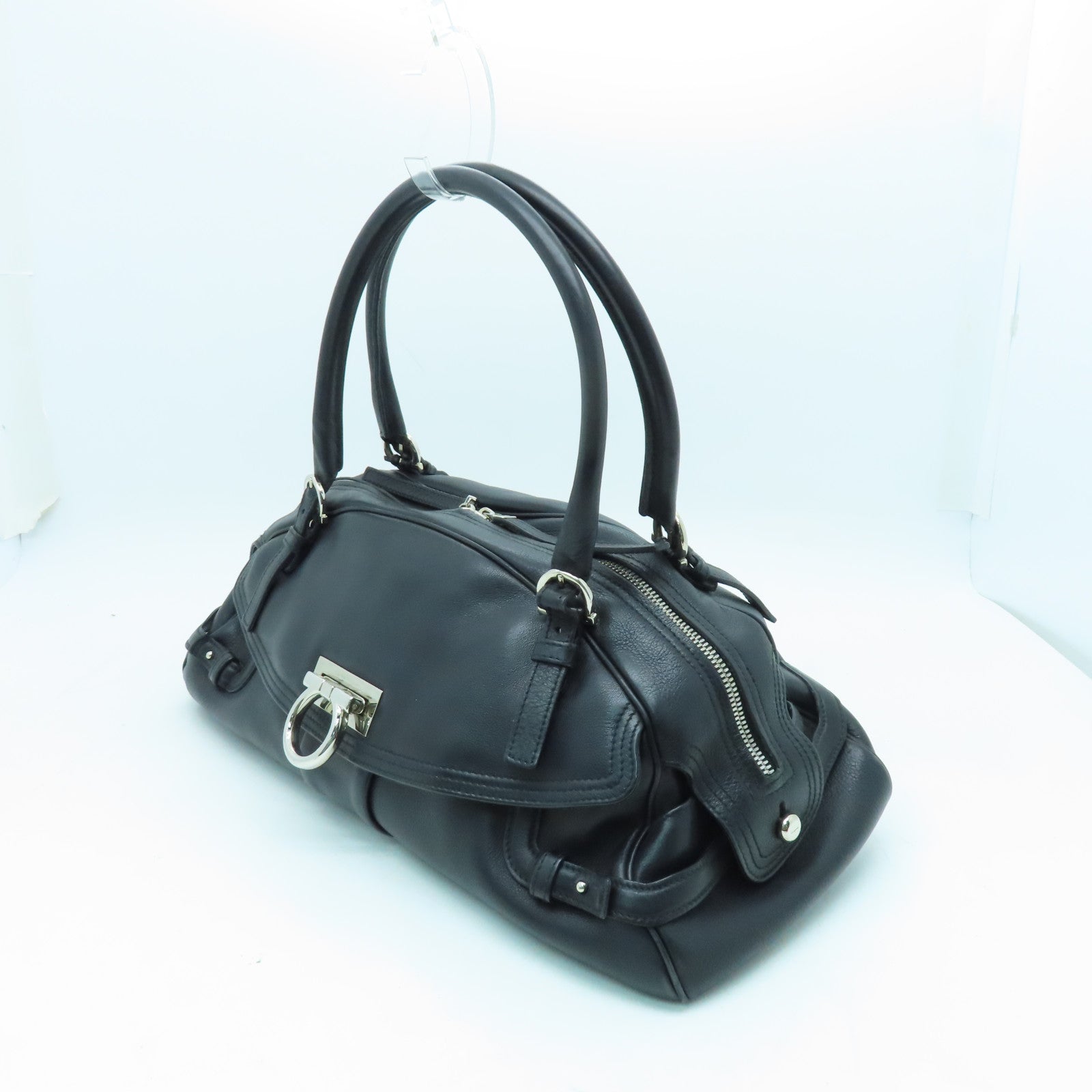 Salvatore Ferragamo Leather Handbag Silver Buckle Black