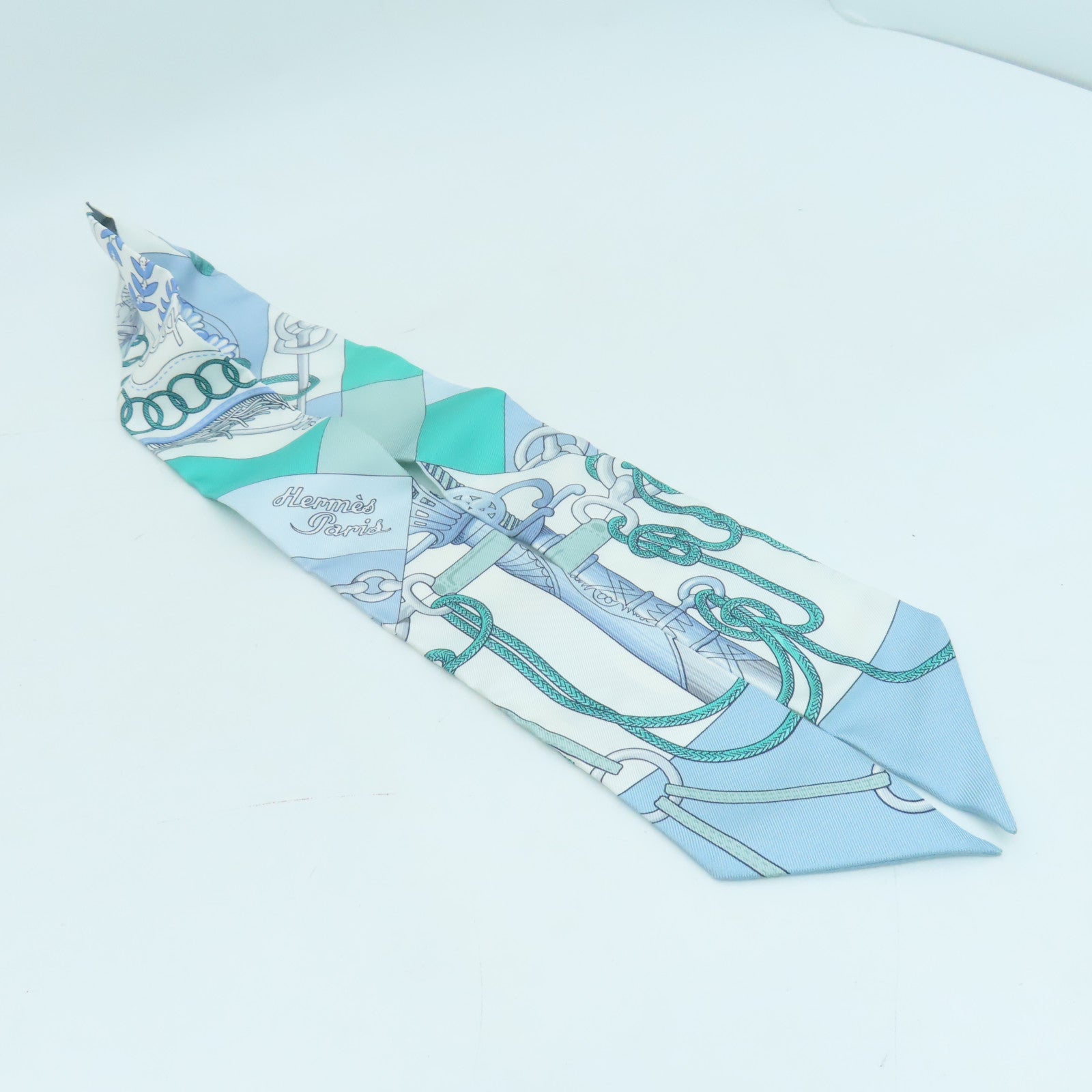 HERMES 【激減優惠】絲質Twilly絲巾藍色/綠色