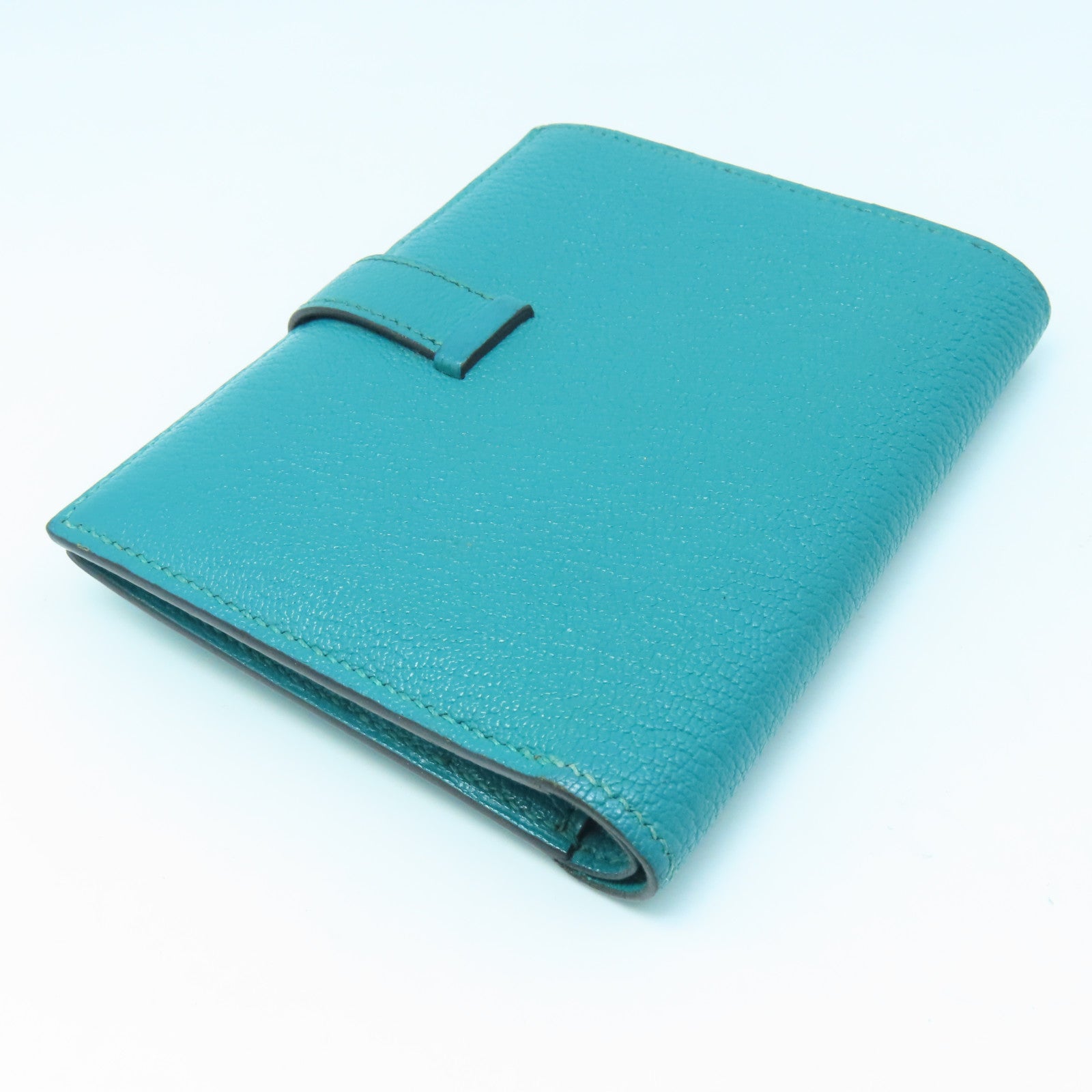 HERMES Chevre Leather Bearn Wallet Gold Buckle Wallet Peacock Blue