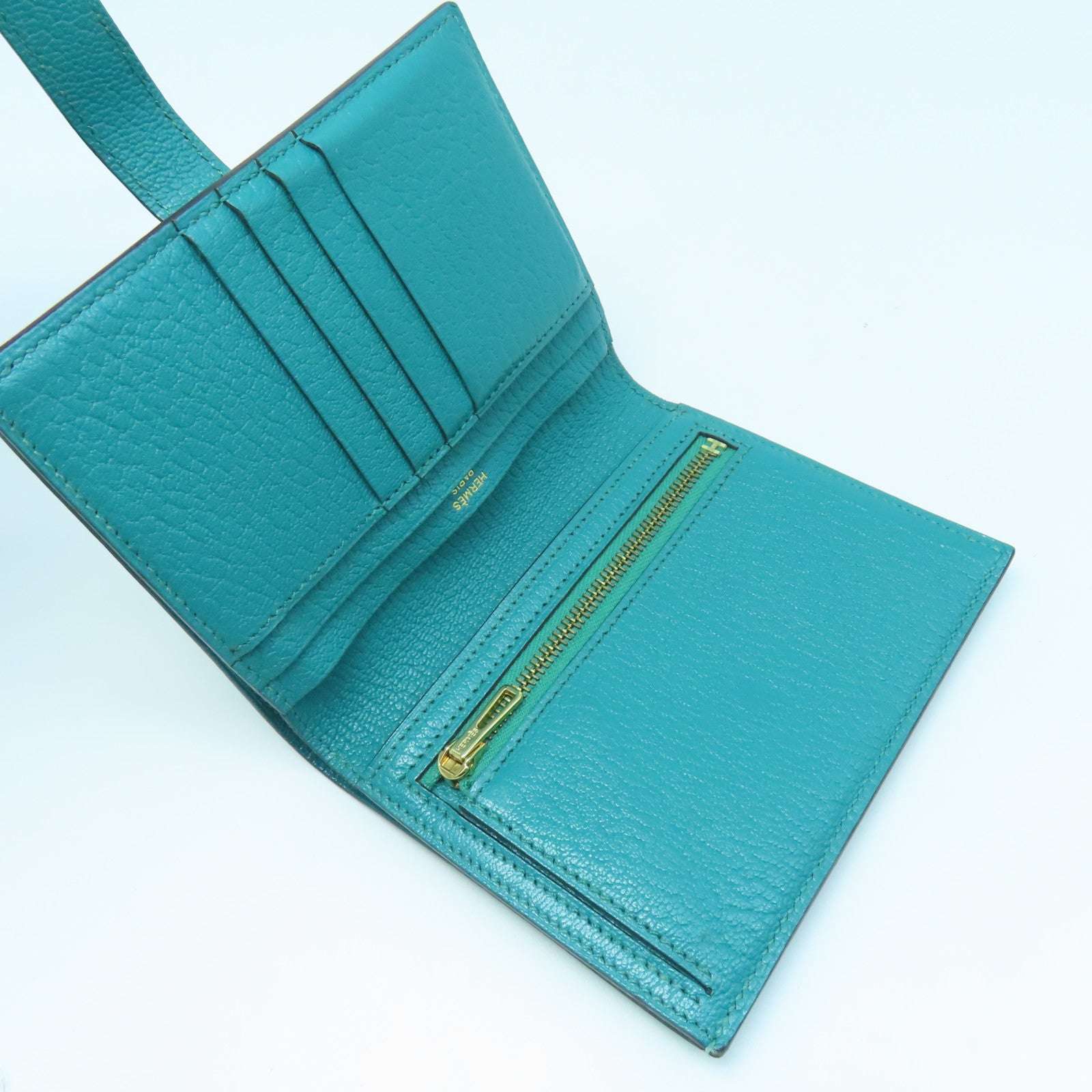 HERMES Chevre Leather Bearn Wallet Gold Buckle Wallet Peacock Blue