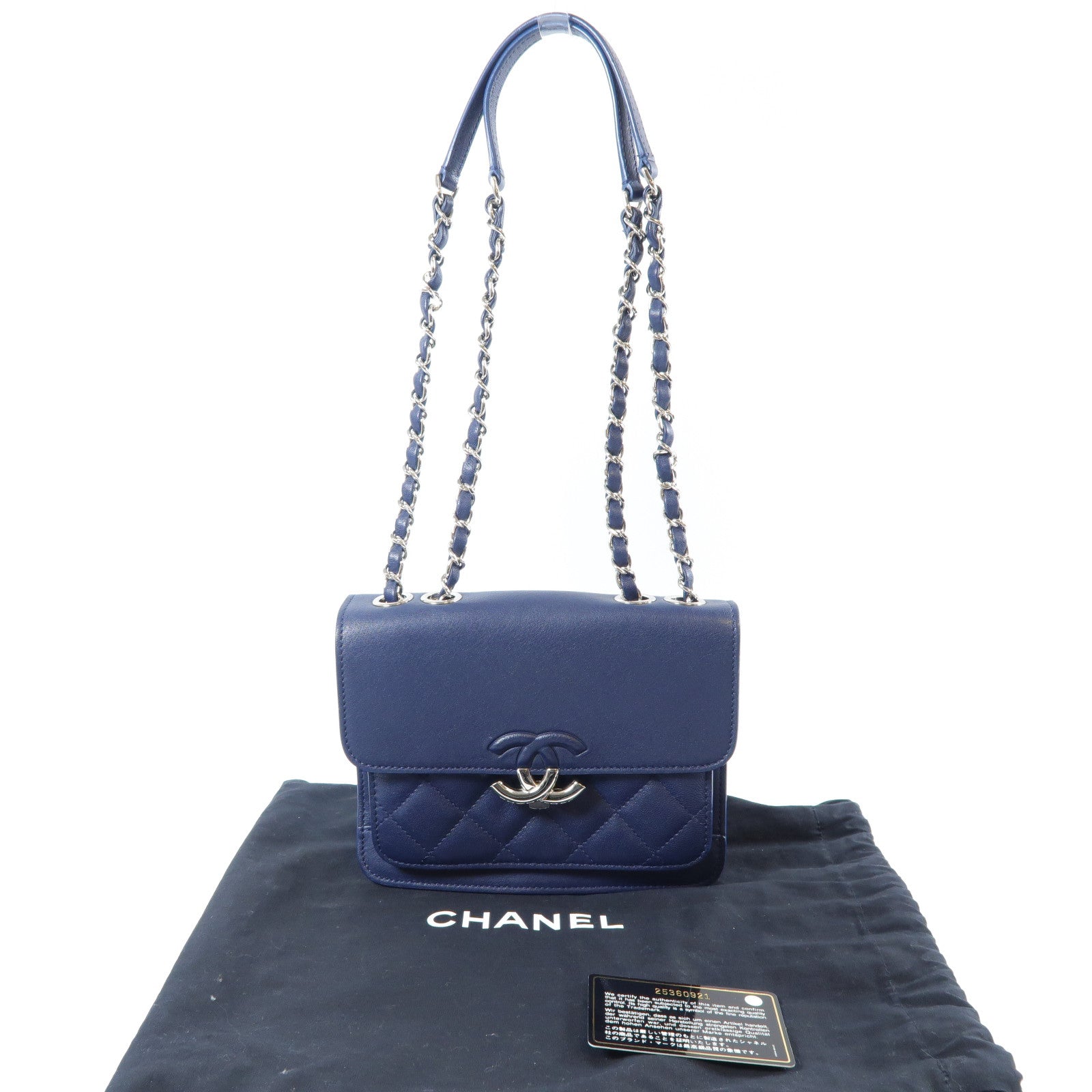 CHANEL 菱格牛皮皮革Chain Shoulder Bag銀扣鏈帶肩背袋深藍色