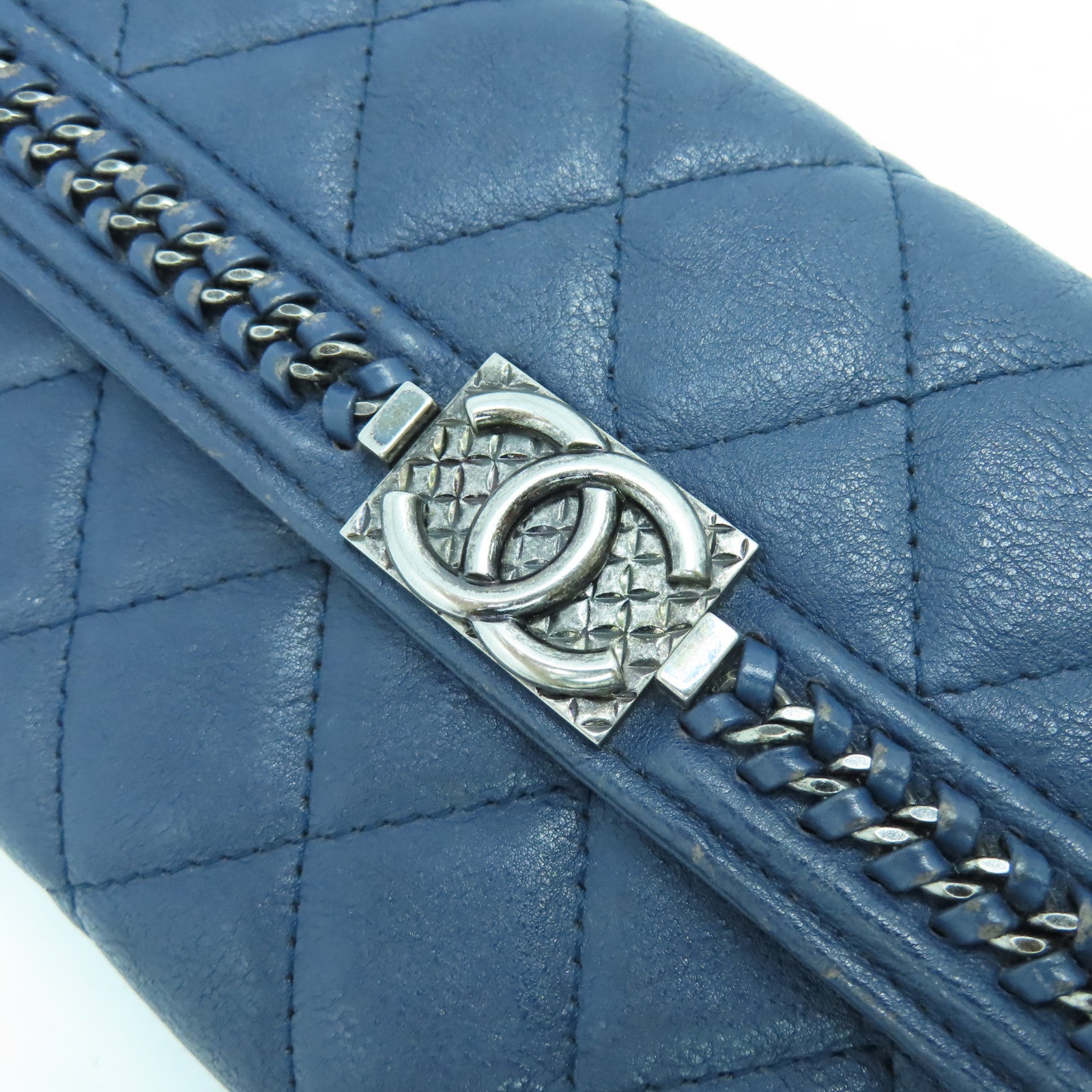 CHANEL 菱格牛皮皮革Boy Long Wallet銀扣長錢包藍色