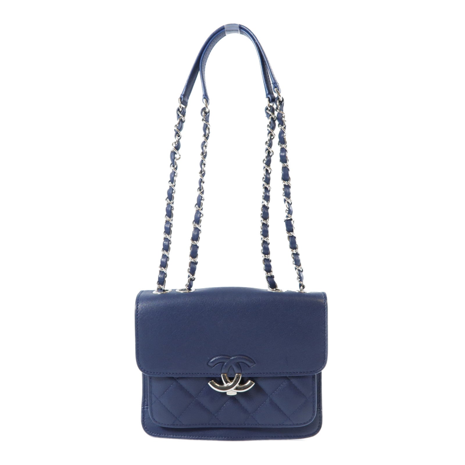CHANEL 菱格牛皮皮革Chain Shoulder Bag銀扣鏈帶肩背袋深藍色