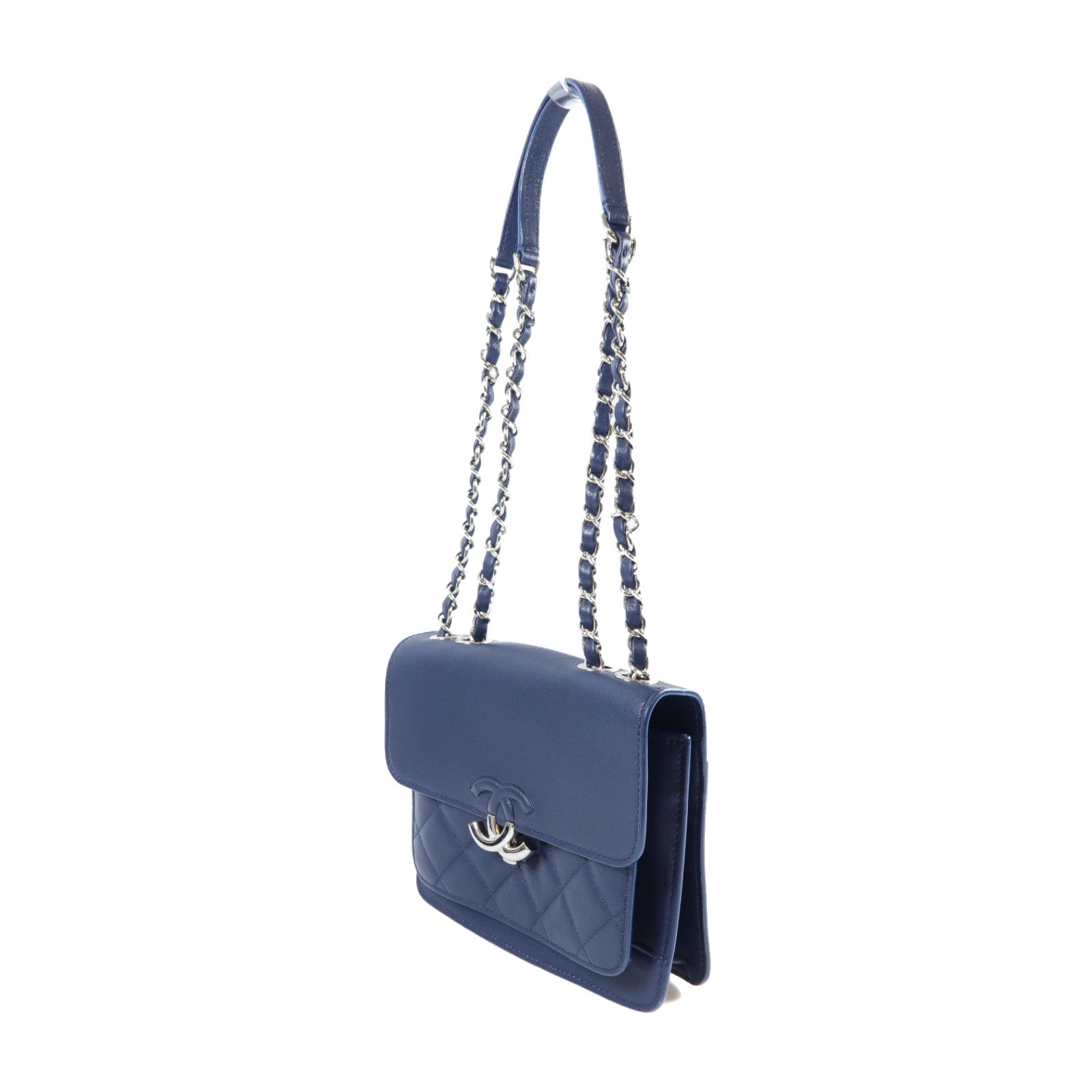 CHANEL 菱格牛皮皮革Chain Shoulder Bag銀扣鏈帶肩背袋深藍色