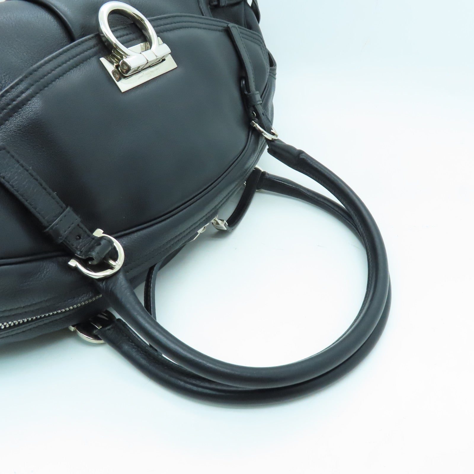 Salvatore Ferragamo Leather Handbag Silver Buckle Black