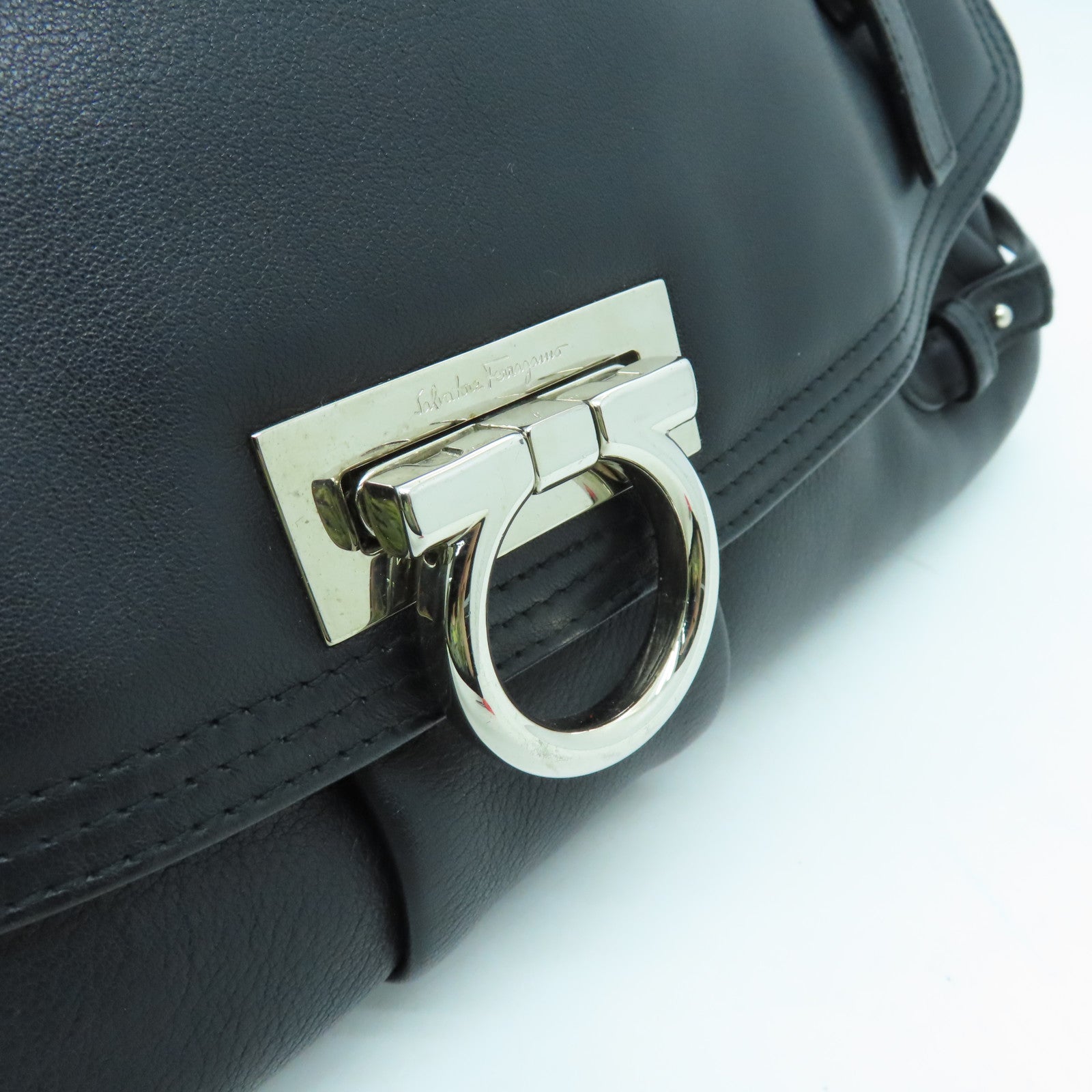 Salvatore Ferragamo Leather Handbag Silver Buckle Black
