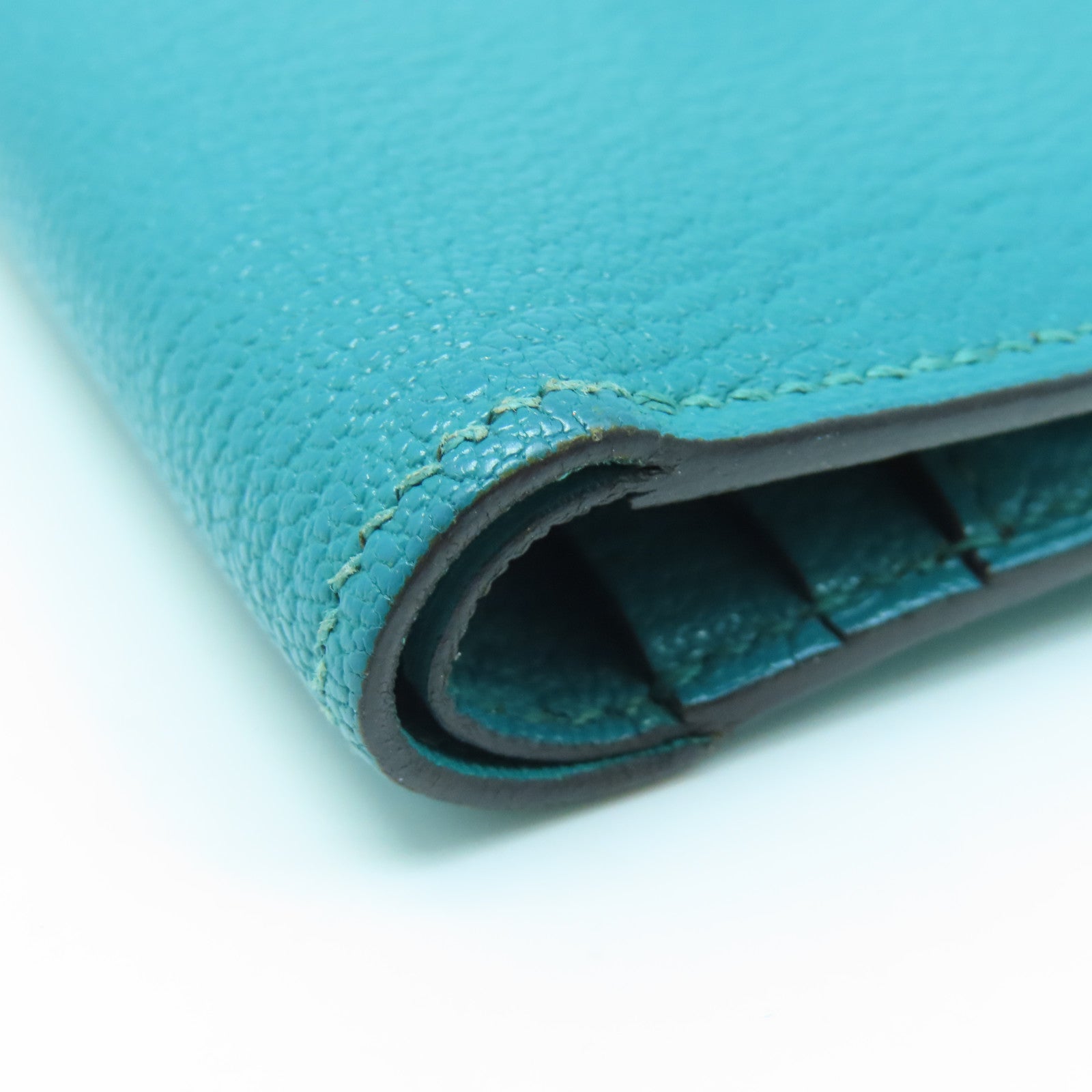 HERMES Chevre Leather Bearn Wallet Gold Buckle Wallet Peacock Blue