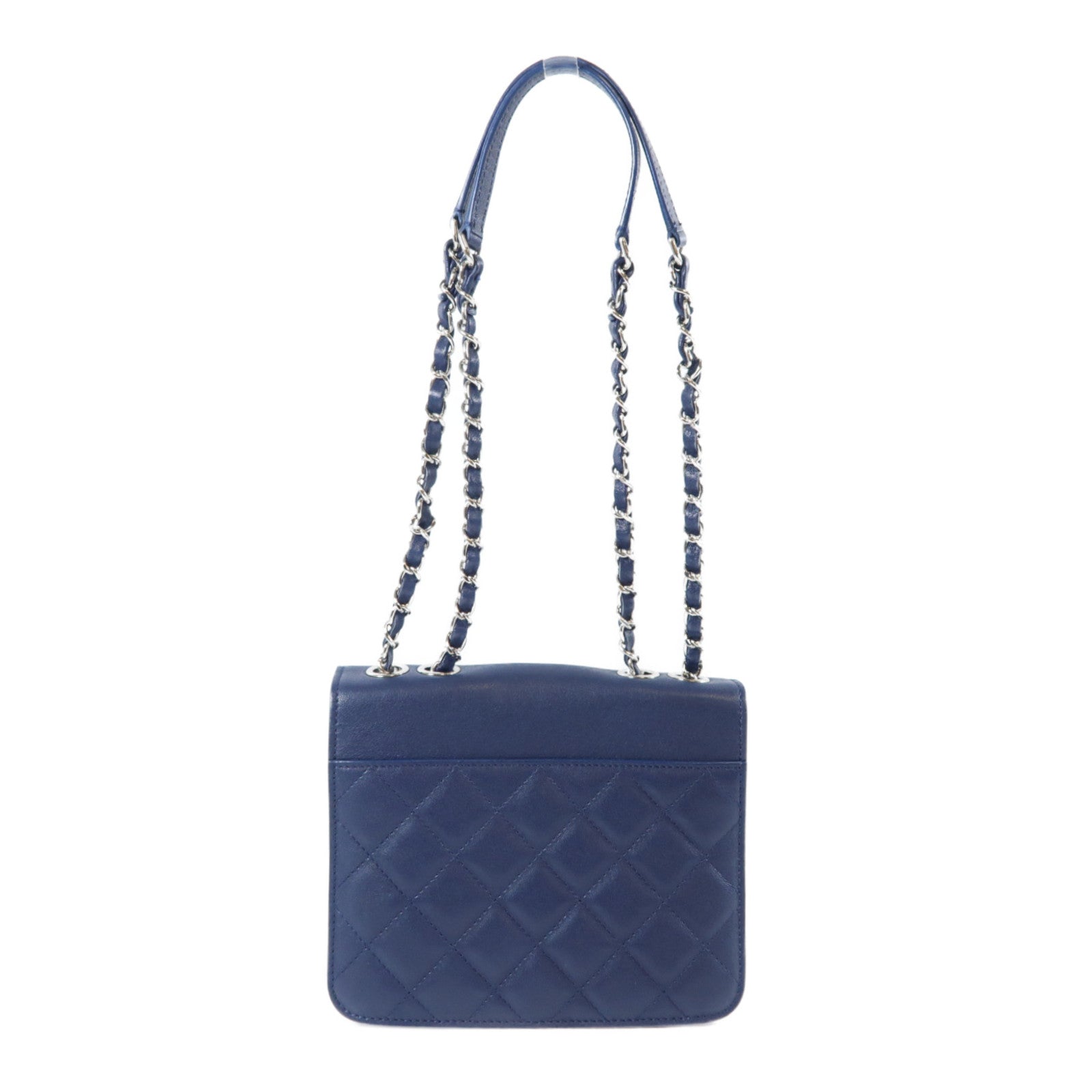 CHANEL 菱格牛皮皮革Chain Shoulder Bag銀扣鏈帶肩背袋深藍色