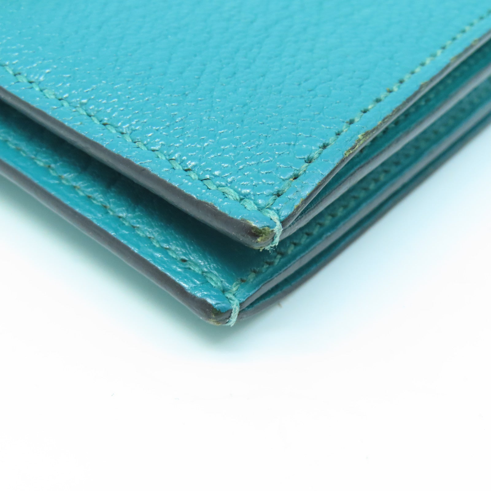 HERMES Chevre Leather Bearn Wallet Gold Buckle Wallet Peacock Blue