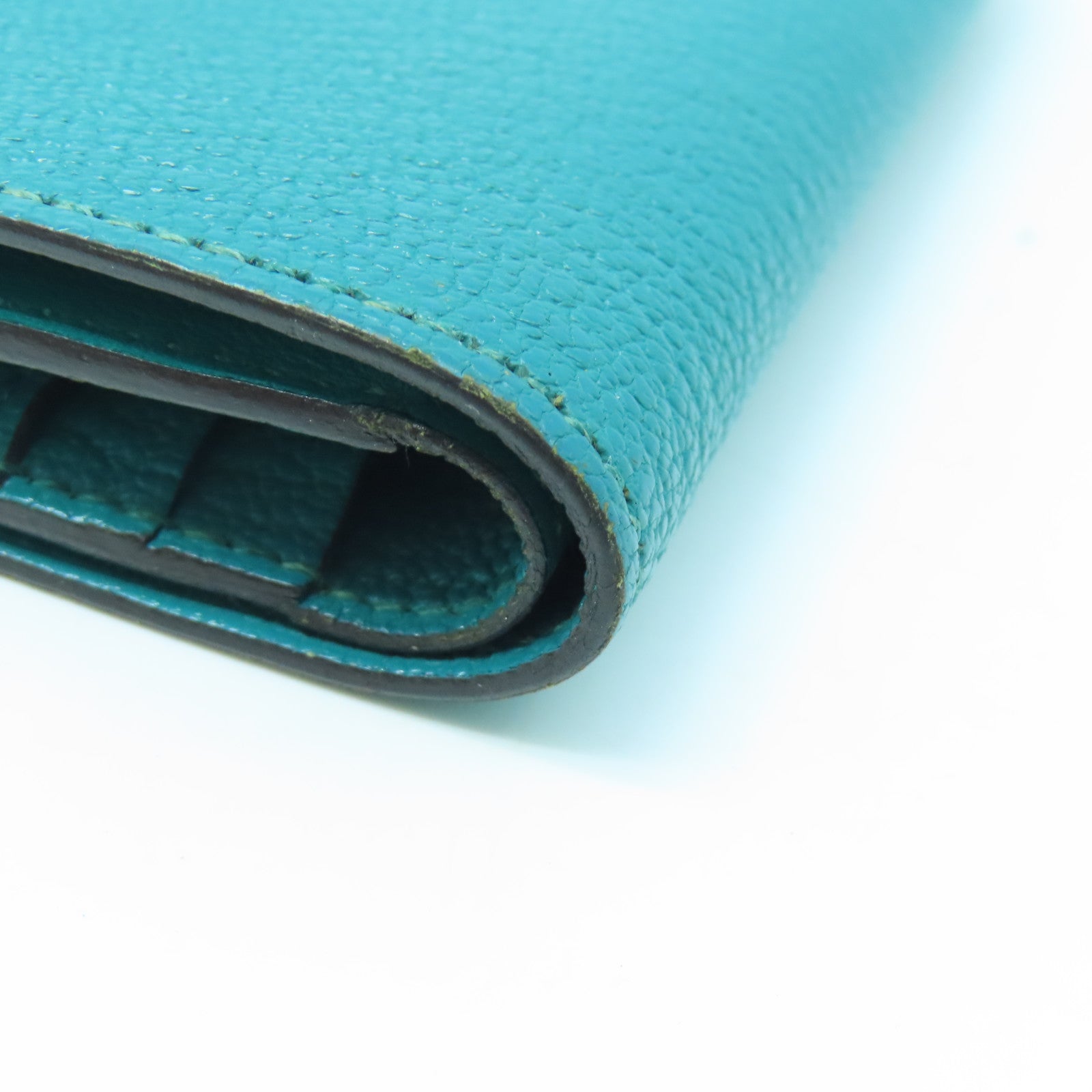 HERMES Chevre Leather Bearn Wallet Gold Buckle Wallet Peacock Blue