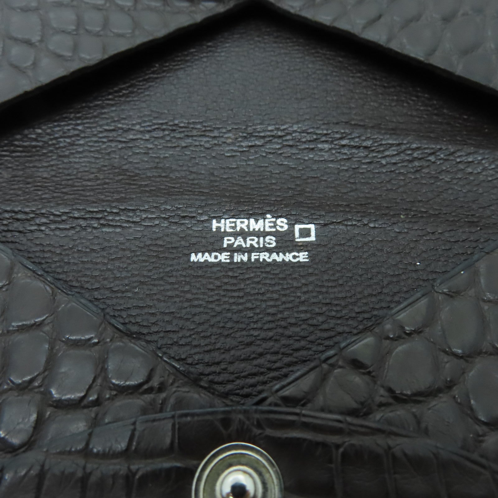 HERMES 鱷魚皮革Calvi銀扣卡片套啡色