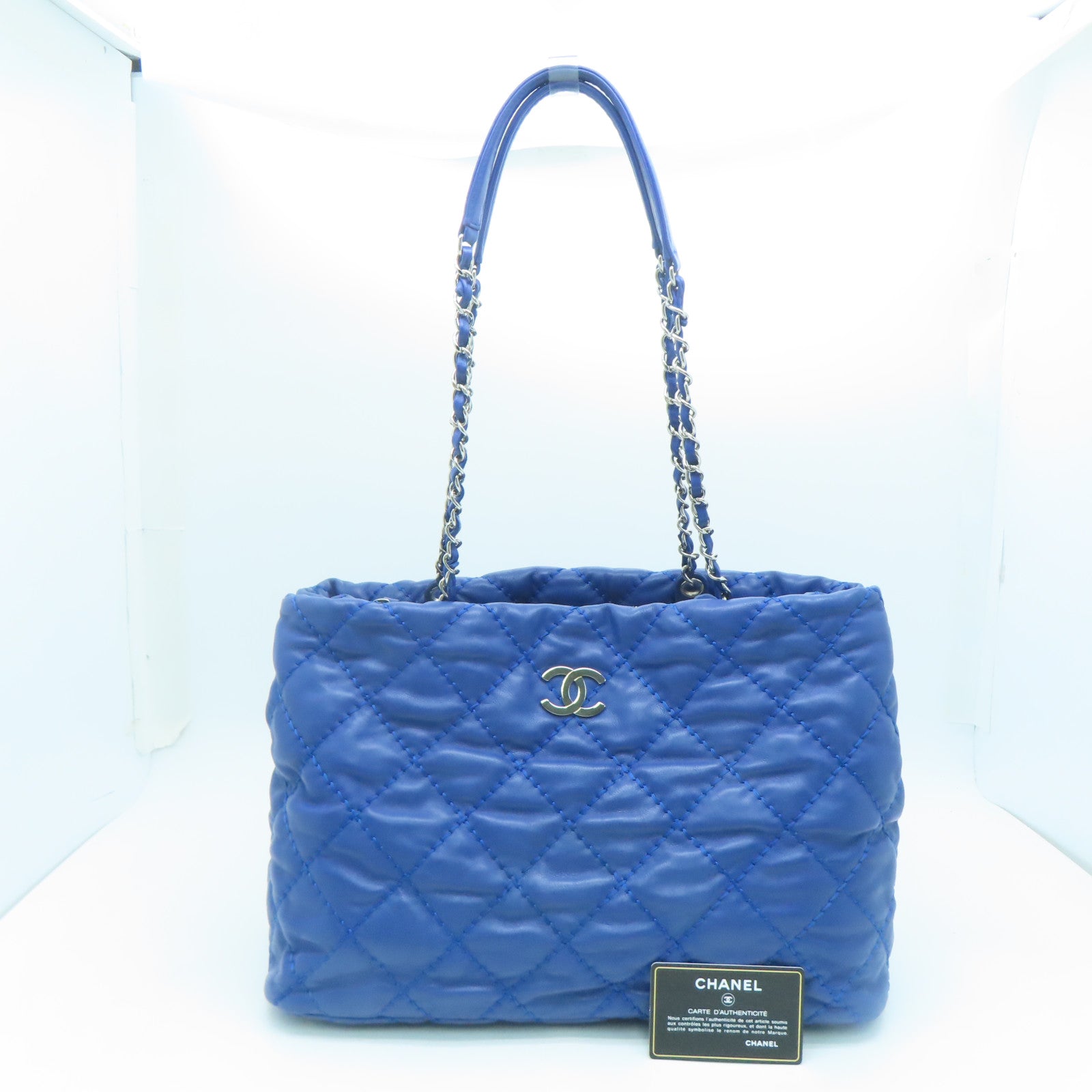 CHANEL 菱格牛皮皮革Chain Shoulder Bag银扣链带肩背袋蓝色