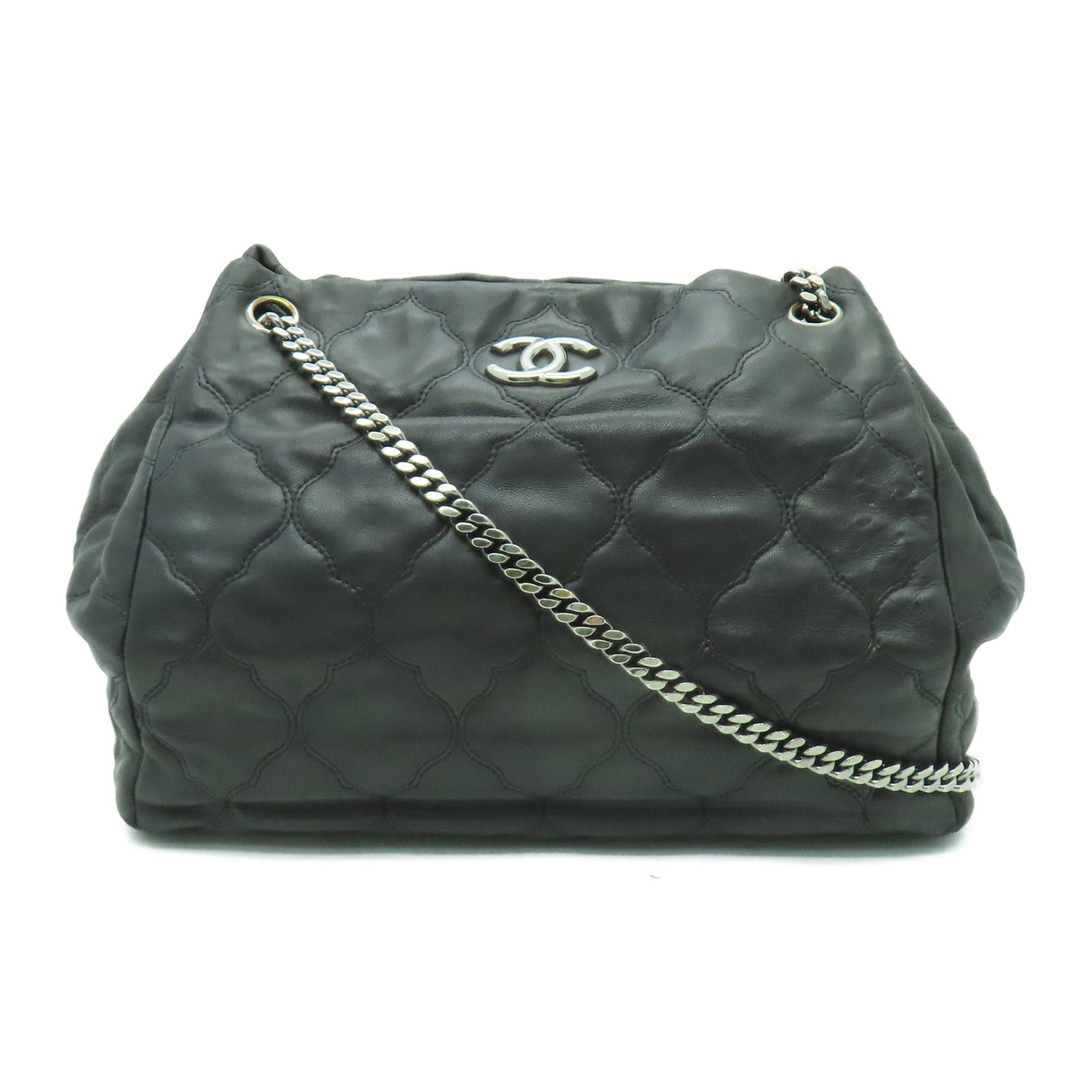 CHANEL 【激減優惠】菱格牛皮皮革Chain Shoulder銀扣鏈帶肩背袋黑色