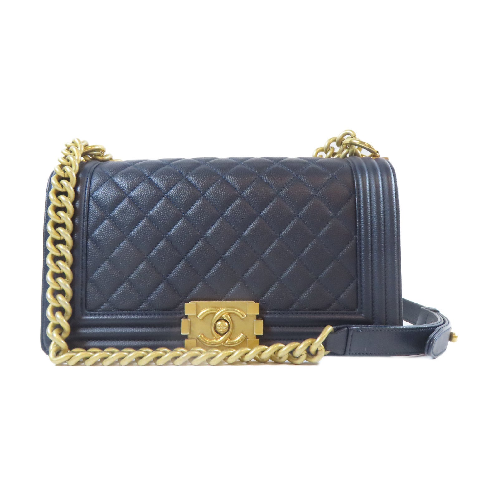 CHANEL 菱格Caviar皮革Boy Chanel金扣鏈帶肩背袋藍色
