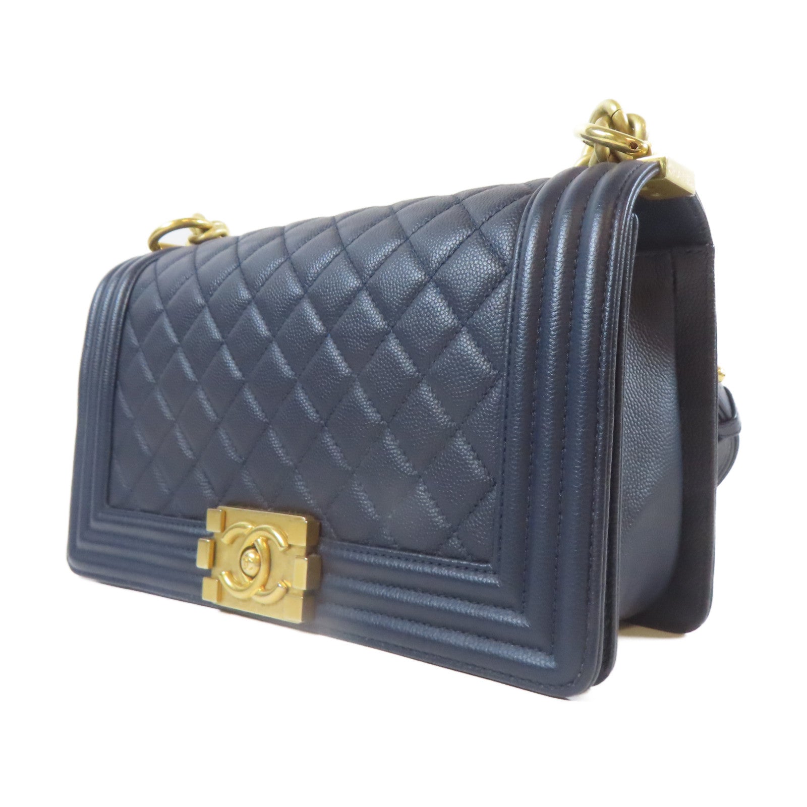 CHANEL 菱格Caviar皮革Boy Chanel金扣鏈帶肩背袋藍色