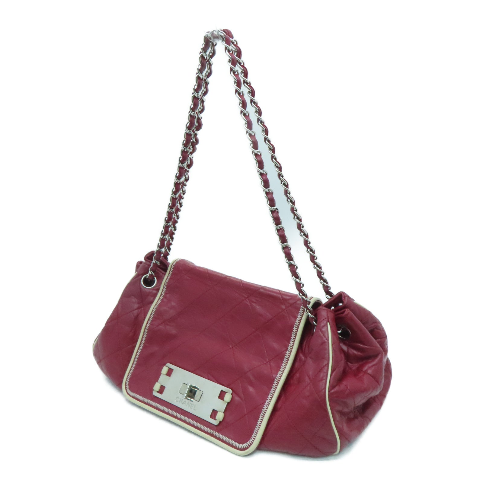 CHANEL 菱格牛皮皮革Chain Shoulder银扣肩背袋红色