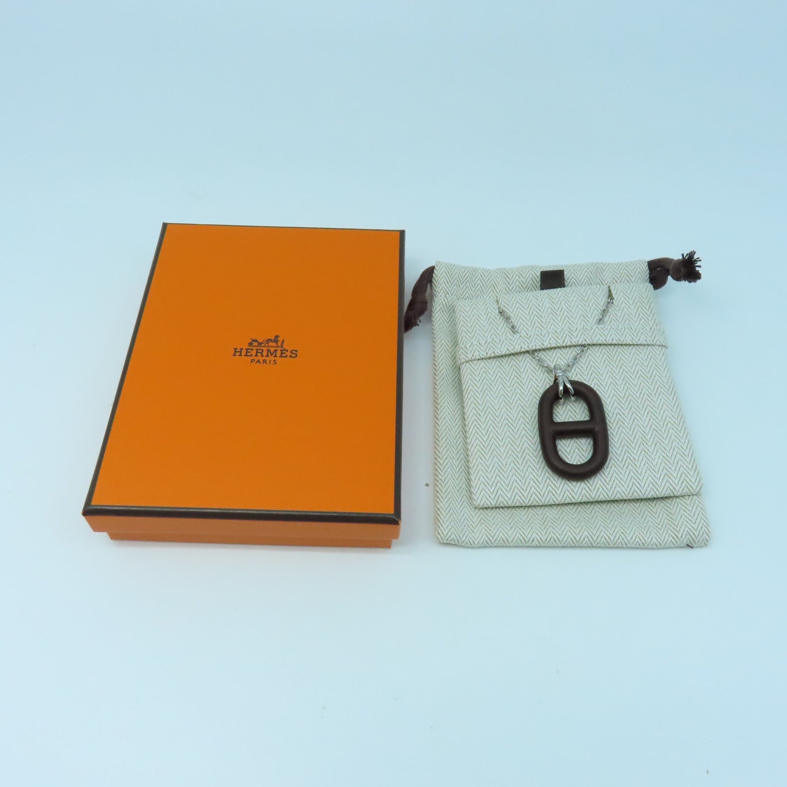HERMES Vulcanium金屬Chaine d'Ancre Necklace銀扣項鍊棕色
