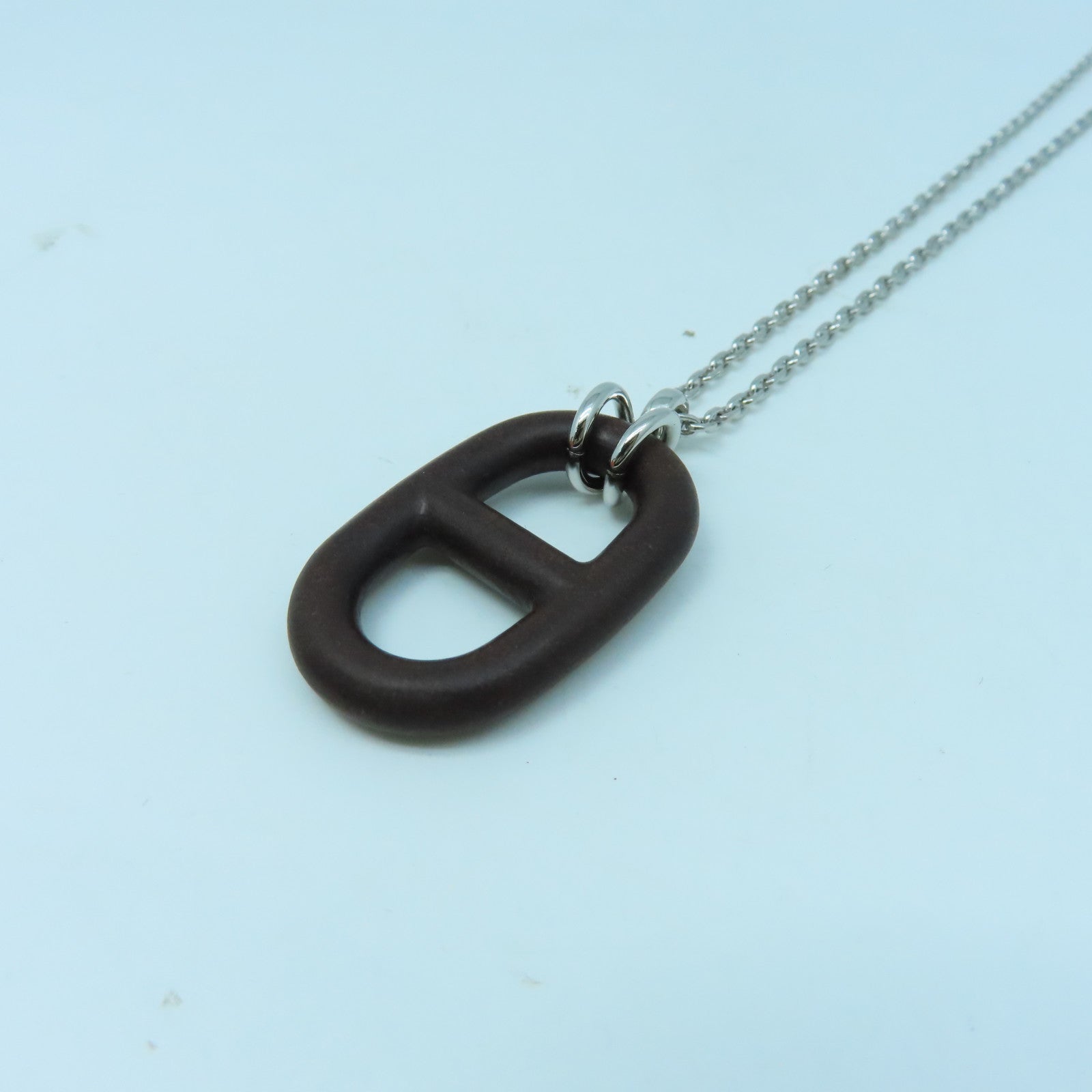 HERMES Vulcanium金屬Chaine d'Ancre Necklace銀扣項鍊棕色