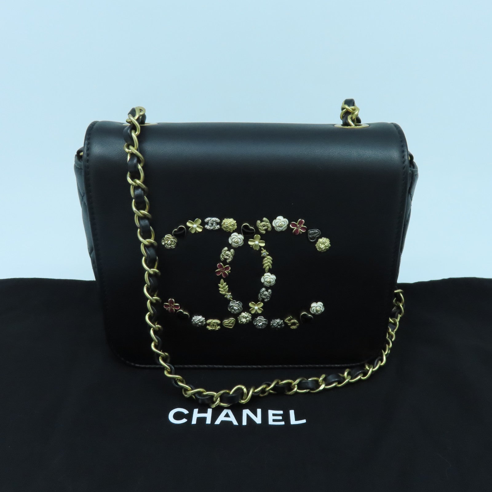 CHANEL 牛皮皮革Chain Shoulder Bag金扣鏈帶肩背袋黑色
