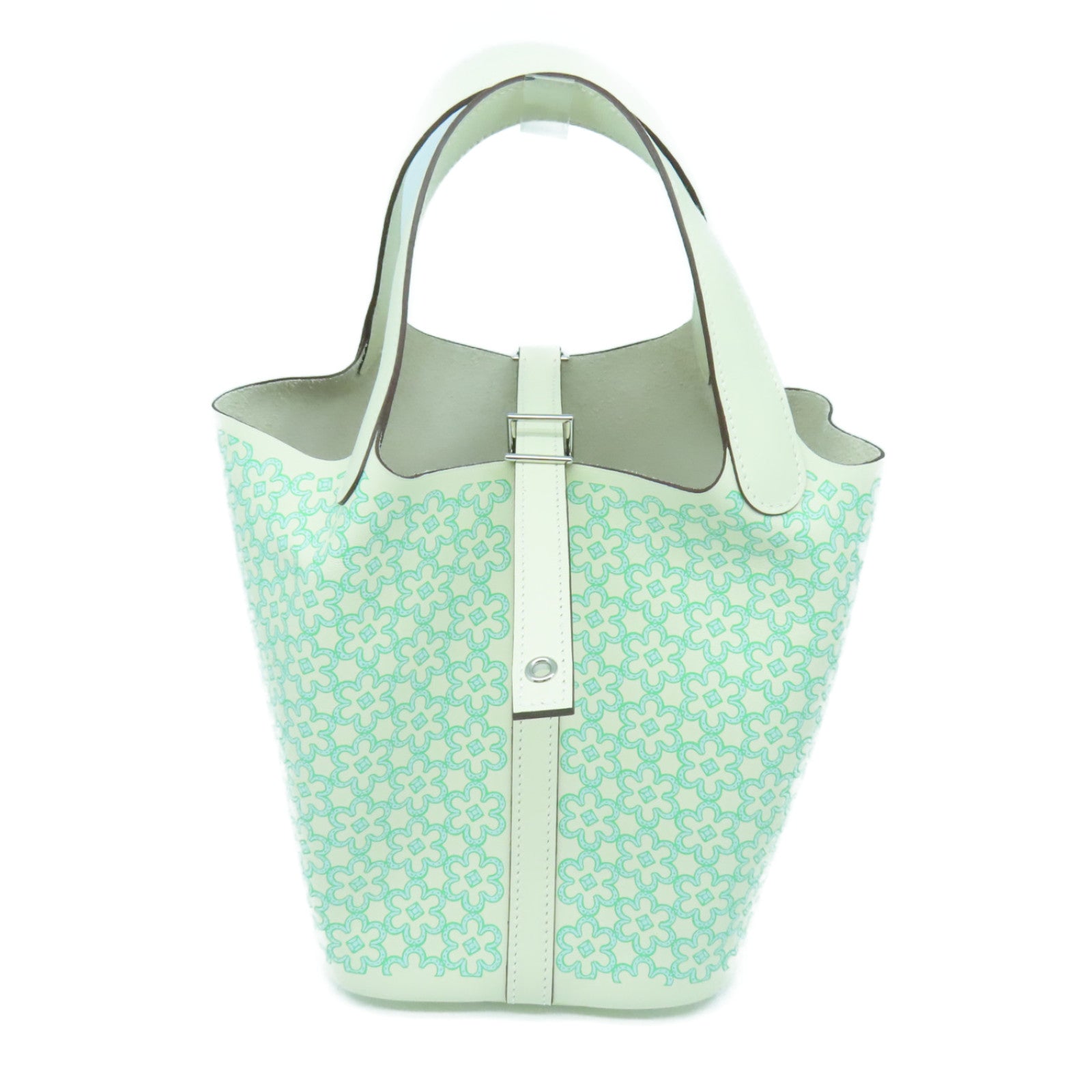 HERMES Swift皮革Picotin Lucky Daisy PM银扣手挽袋Nata白色/绿色