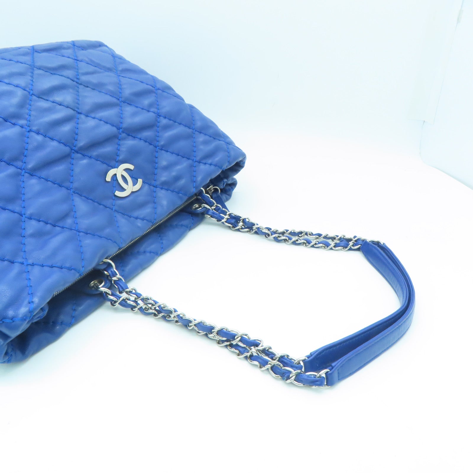 CHANEL 菱格牛皮皮革Chain Shoulder Bag银扣链带肩背袋蓝色