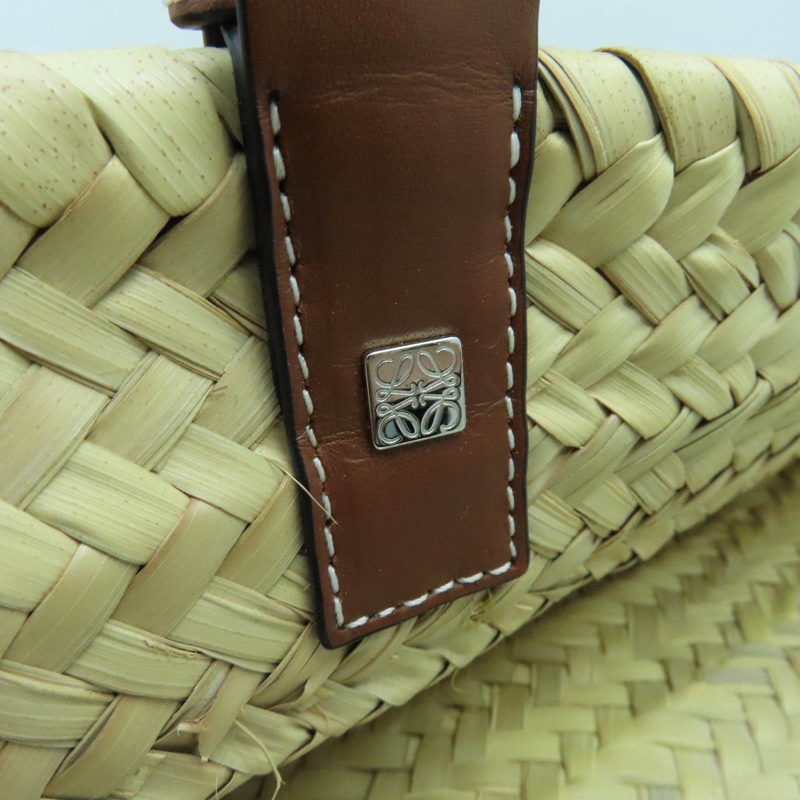 LOEWE Raffia Shoulder Bag銀扣肩背袋米色/橙色