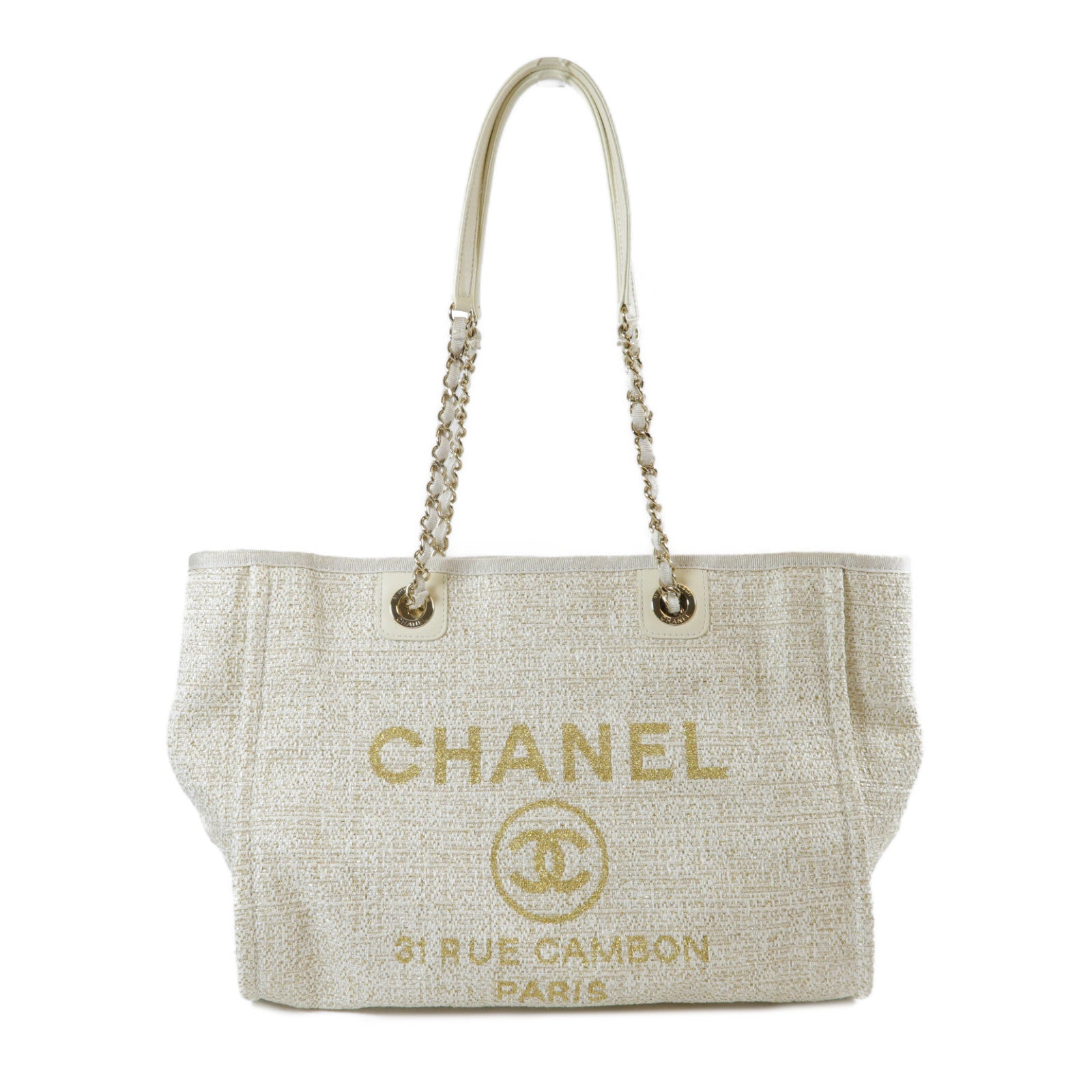 CHANEL 帆布Deauville Tote Bag金扣鏈帶肩背袋米色/金色