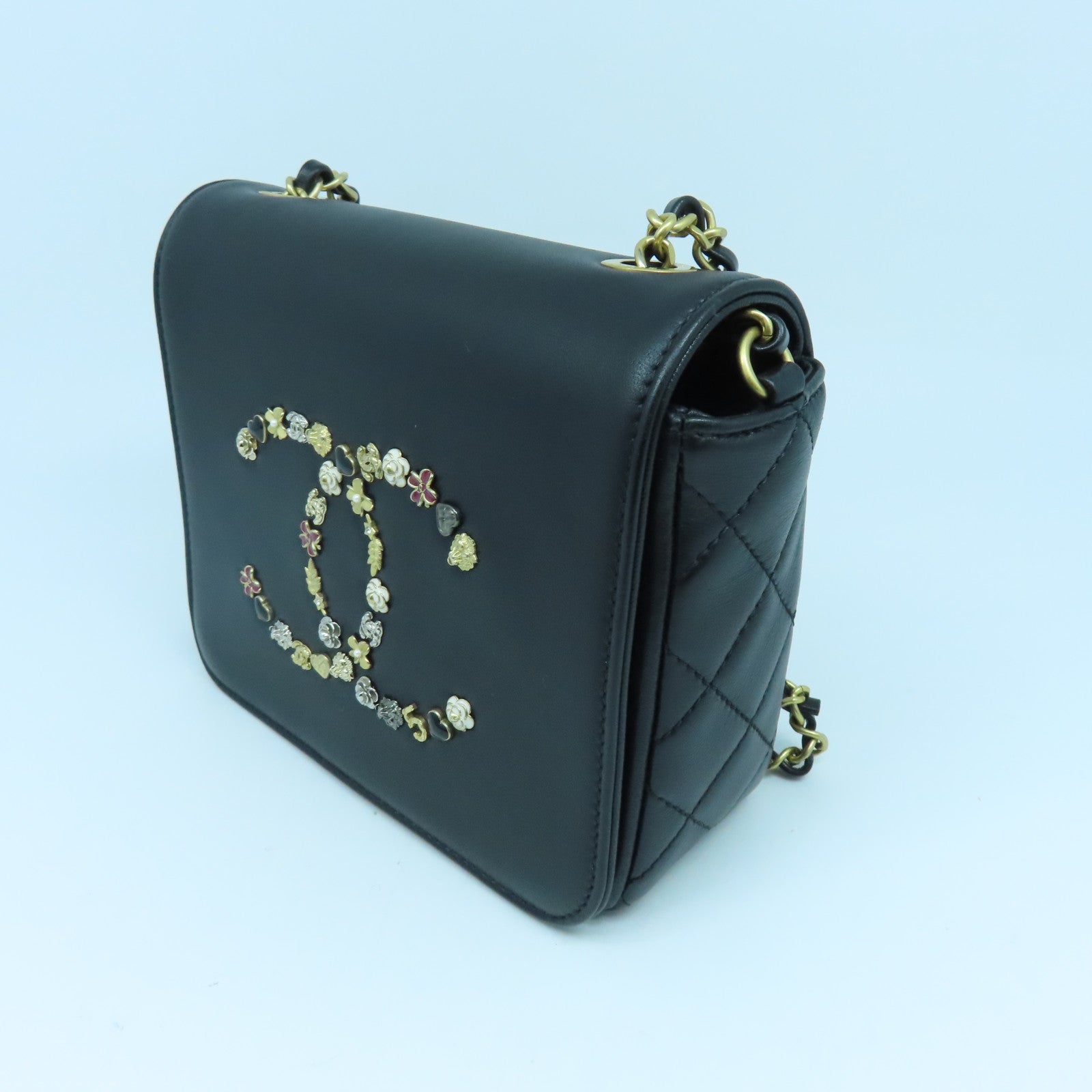 CHANEL 牛皮皮革Chain Shoulder Bag金扣鏈帶肩背袋黑色