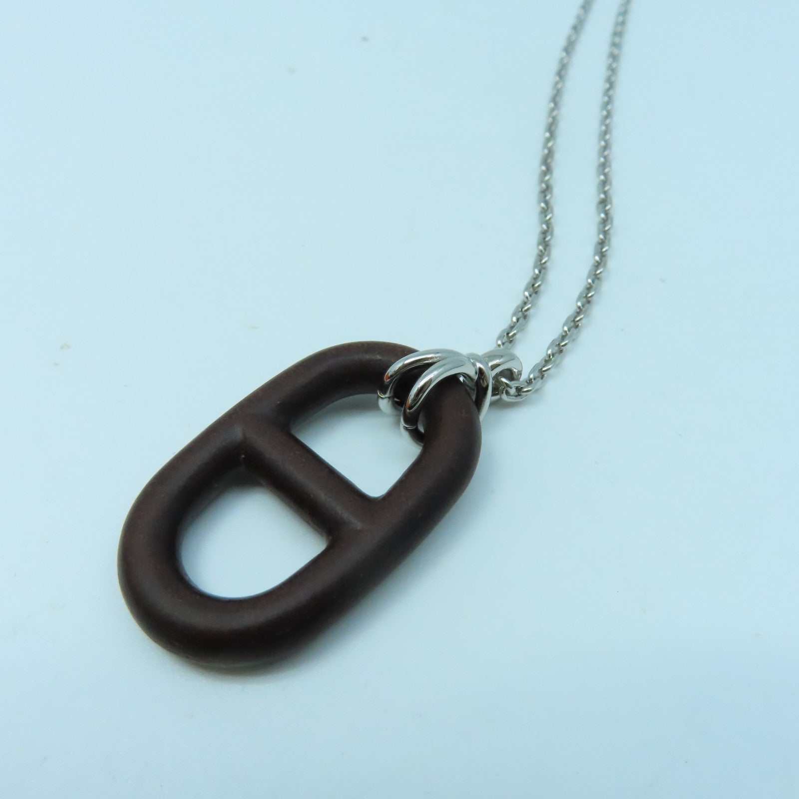HERMES Vulcanium金屬Chaine d'Ancre Necklace銀扣項鍊棕色