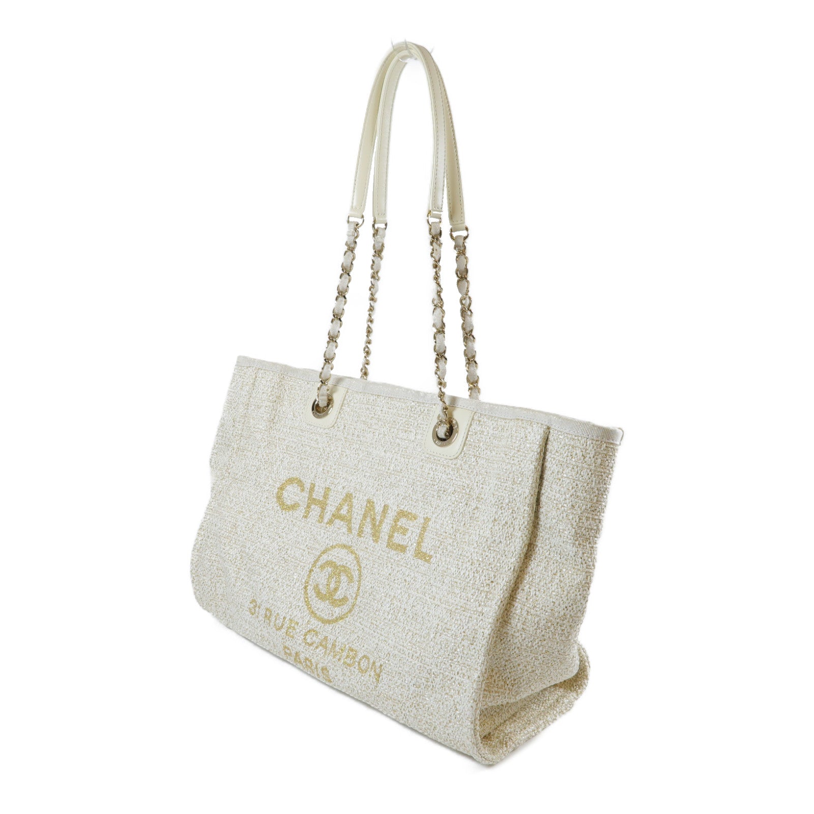 CHANEL 帆布Deauville Tote Bag金扣鏈帶肩背袋米色/金色