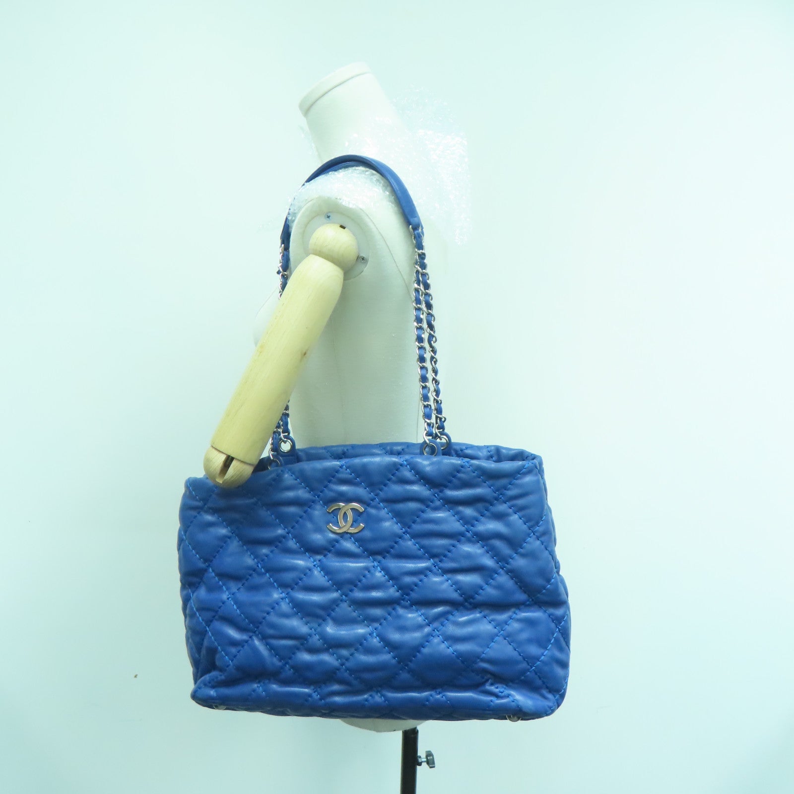 CHANEL 菱格牛皮皮革Chain Shoulder Bag银扣链带肩背袋蓝色