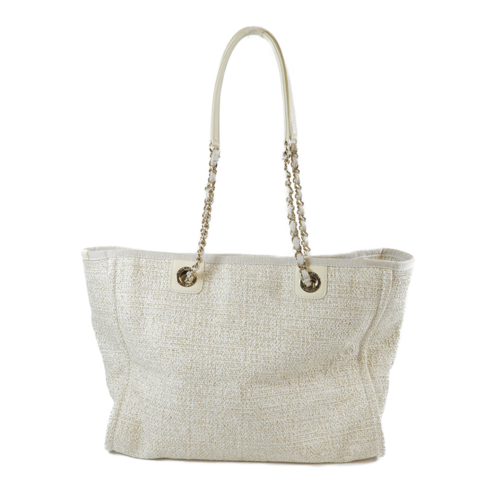 CHANEL 帆布Deauville Tote Bag金扣鏈帶肩背袋米色/金色