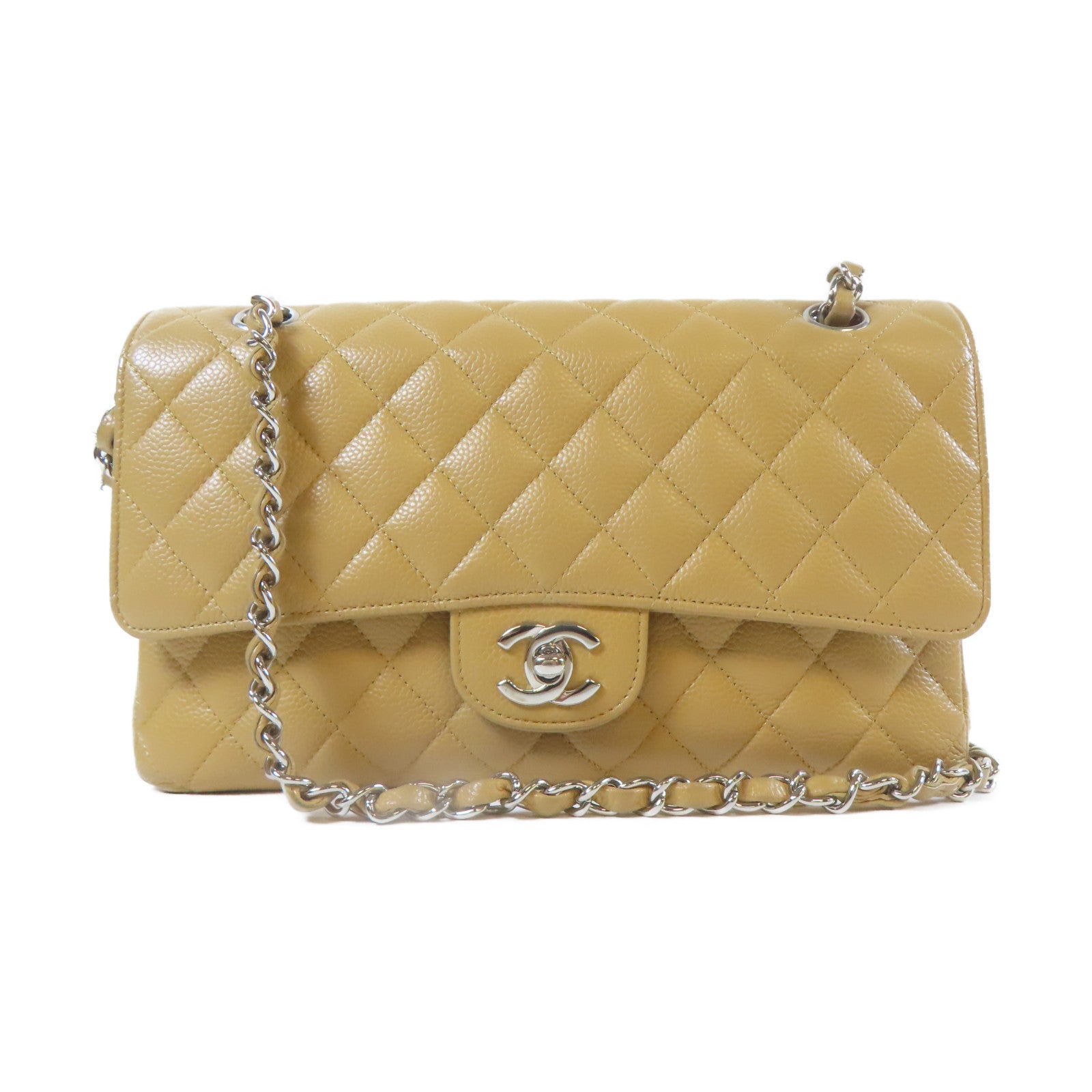 CHANEL 菱格Caviar皮革Classic Flap銀扣鏈帶肩背袋卡其色